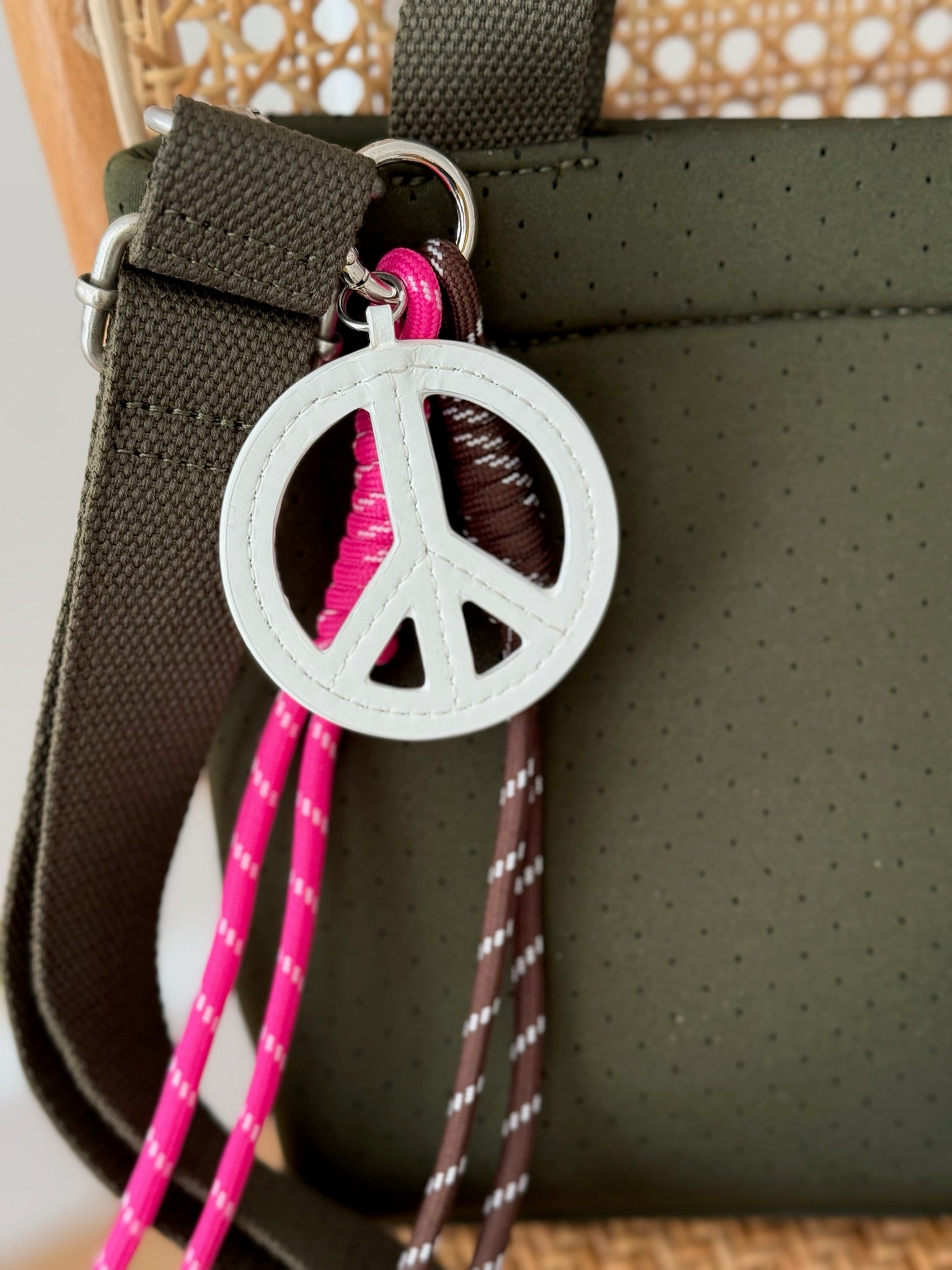 Olive Neoprene Midi Town Bag with Peace Sign Paracord Charm - Quilted Koala
