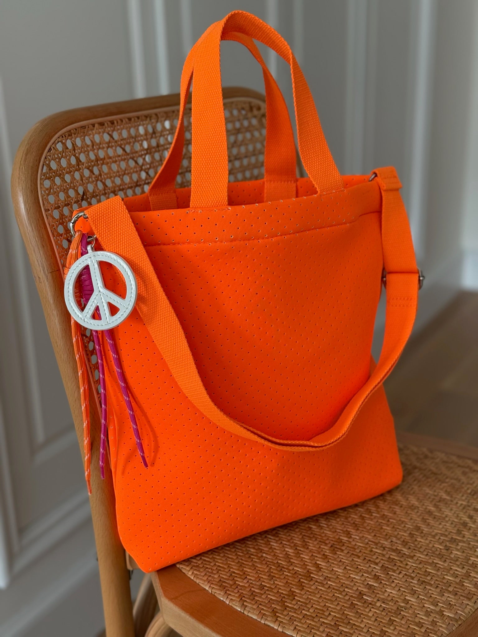 Neon Orange Neoprene Town Bag with Peace Sign Paracord Charm - Quilted Koala