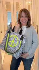 Stephanie's Pick: Grey Leopard Luxe North South Bag with a Neon Yellow Jumbo Peace Sign + FREE Grey/Yellow Stripe Strap - Quilted Koala