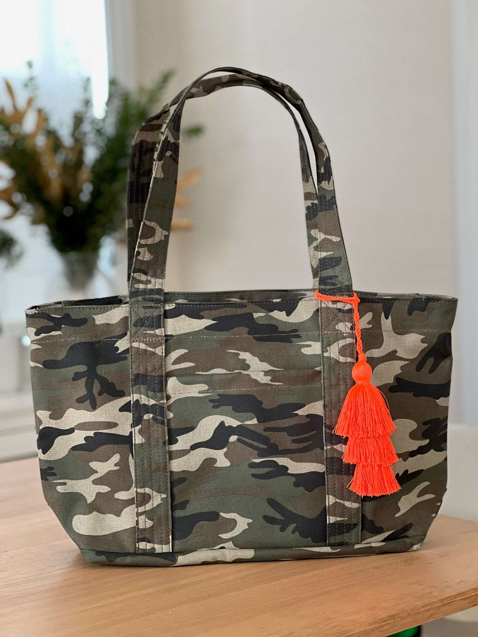 Green Camo Midi Zipper Tote + FREE Orange Tassel - Quilted Koala