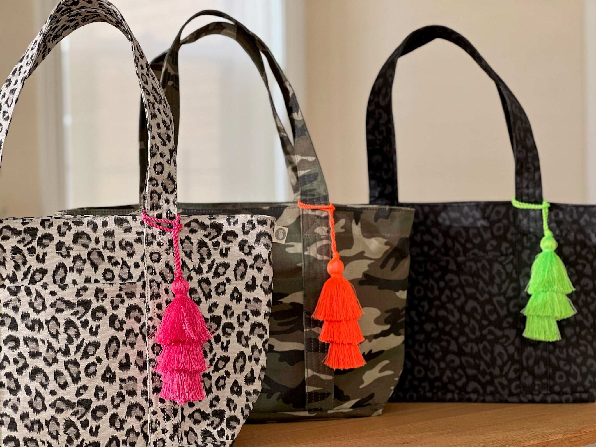 Black Leopard Midi Zipper Tote + FREE Neon Green Tassel - Quilted Koala