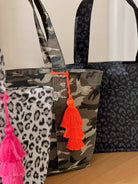 Green Camo Midi Zipper Tote + FREE Orange Tassel - Quilted Koala