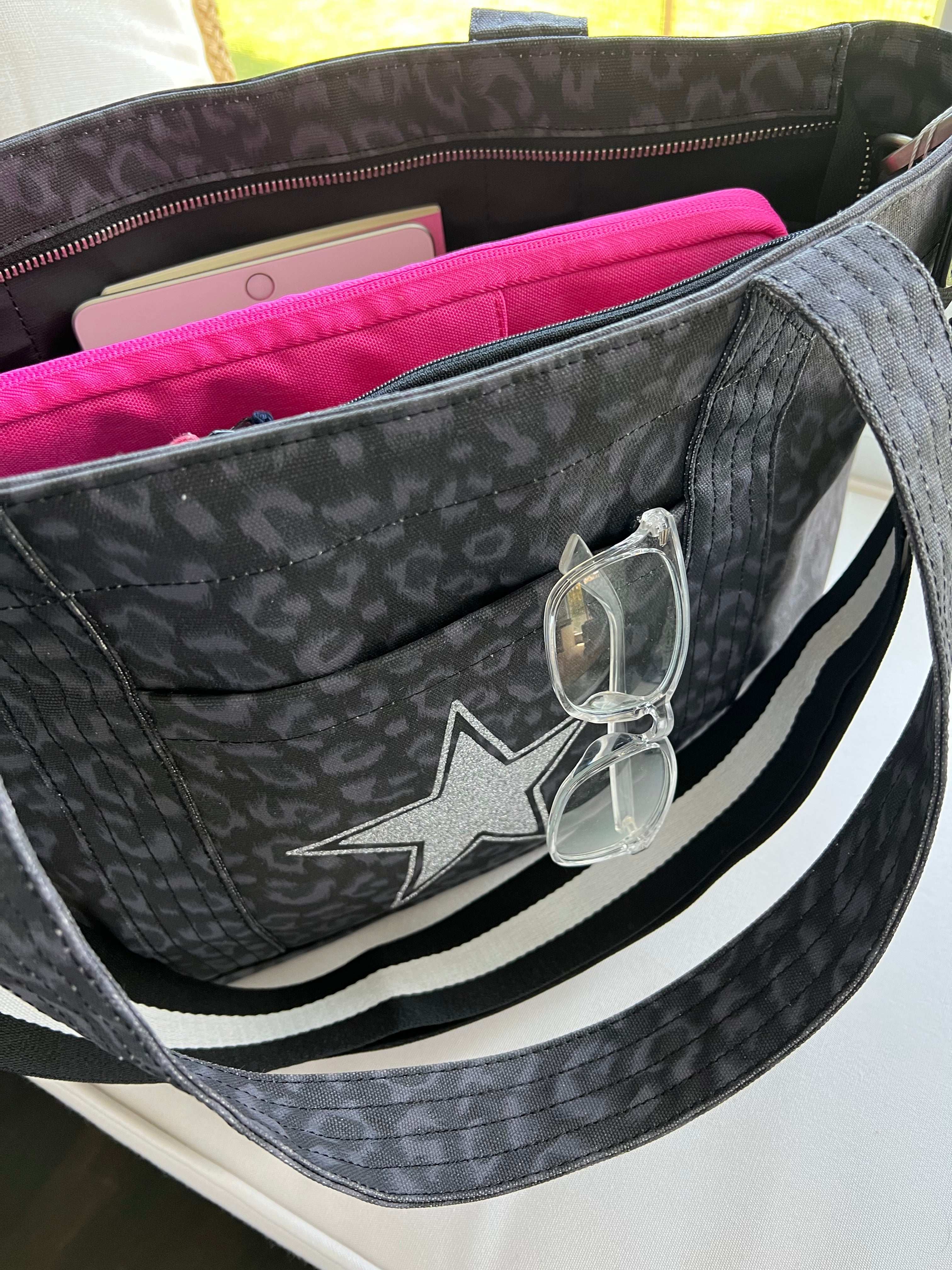 Black Leopard Midi Zipper Tote + FREE Neon Green Tassel - Quilted Koala