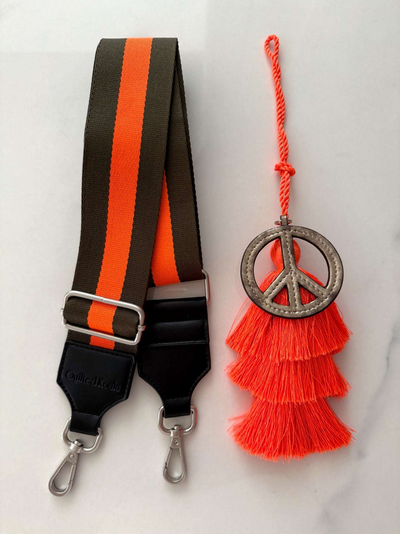 Accessory Bundle: Orange Tassel + Gold Peace Charm + Olive/Orange Stripe Strap - Quilted Koala