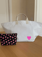 Stephanie's Spring Bundle: Natural Chelsea Bag with Neon Pink Petite Heart & Black Floral Makeup Bag - Quilted Koala