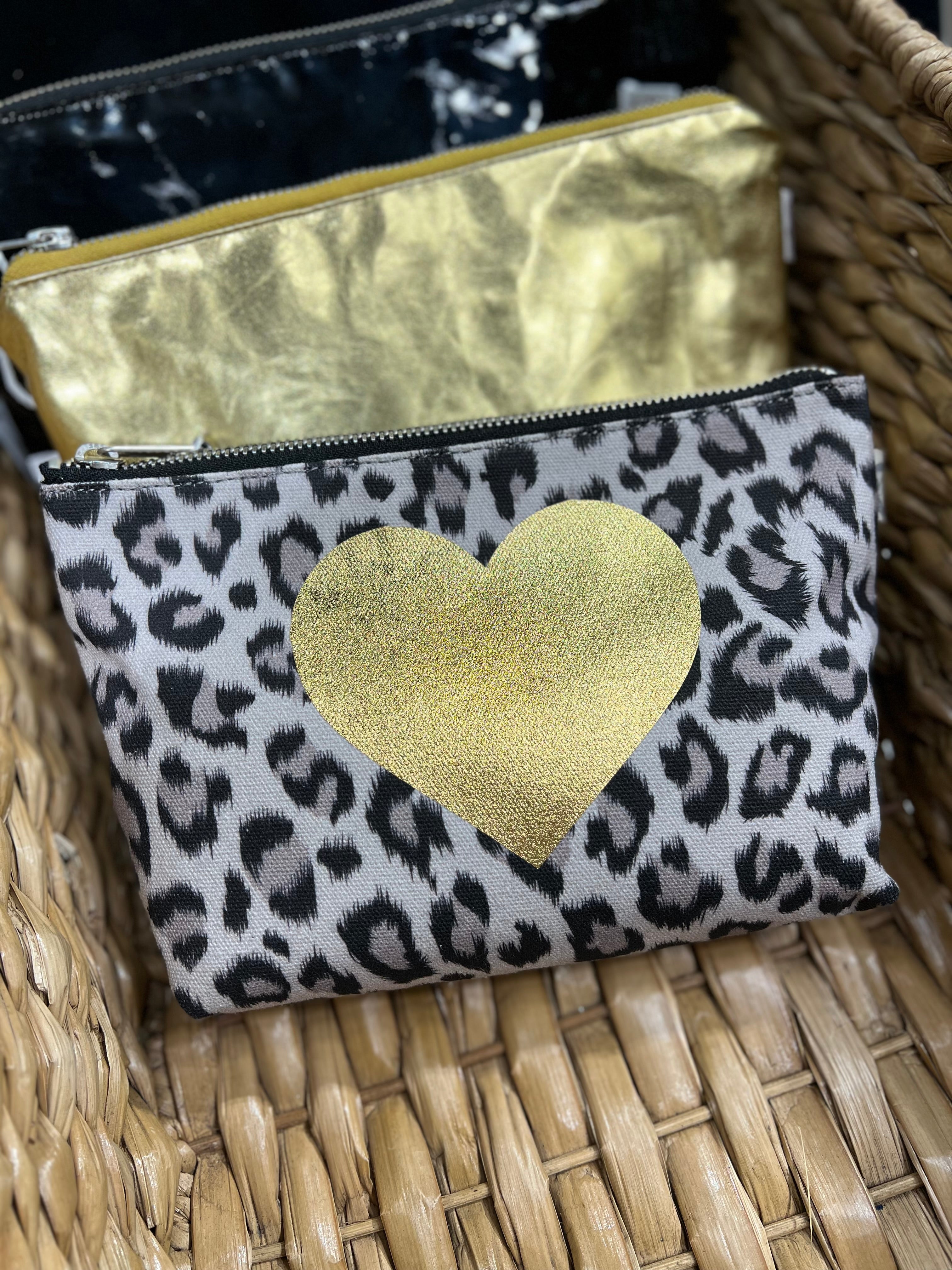 Leopard Makeup Bag with Gold Foil Heart NEW! - Quilted Koala