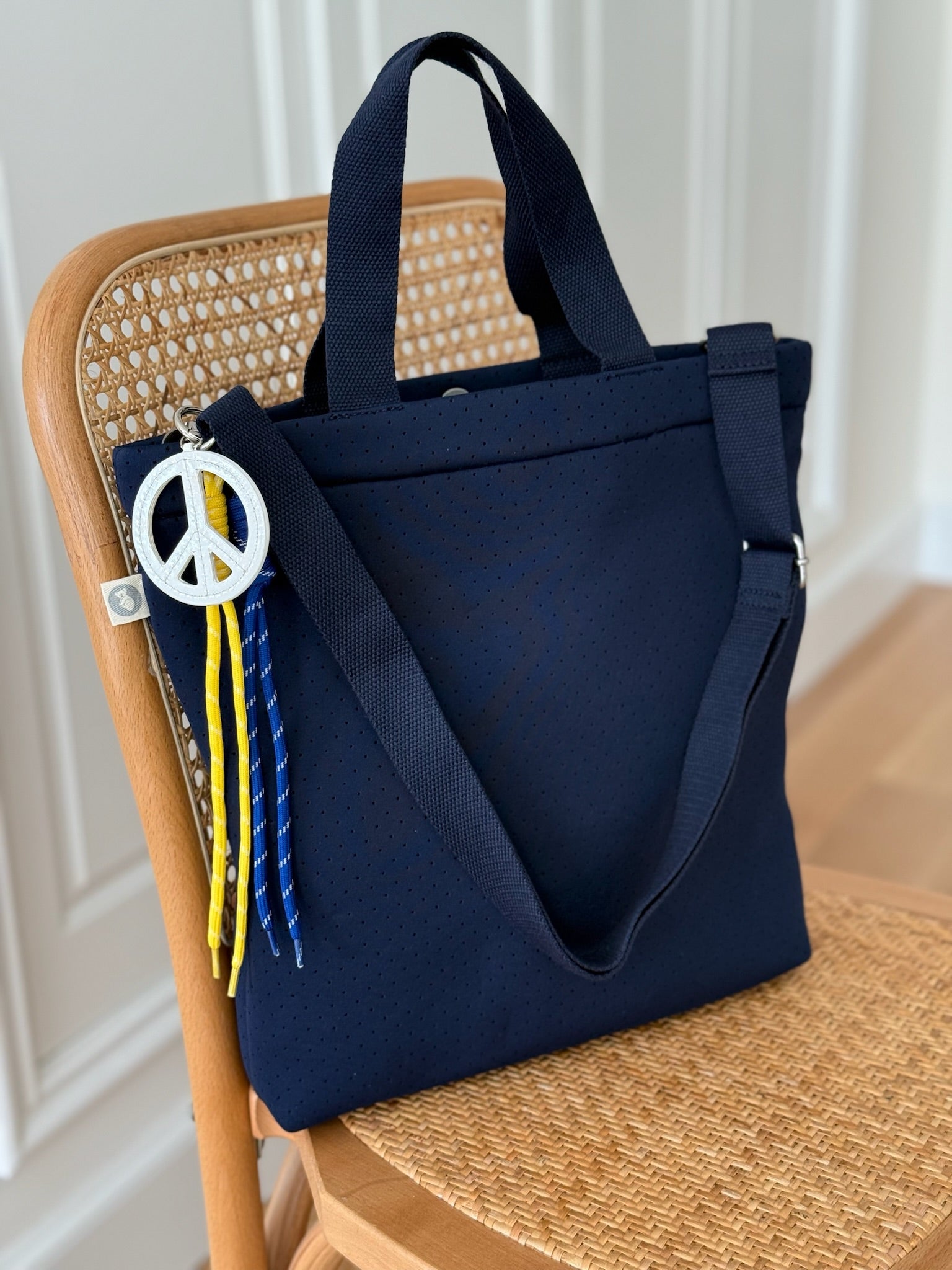 Navy Neoprene Town Bag with Peace Sign Paracord Charm - Quilted Koala