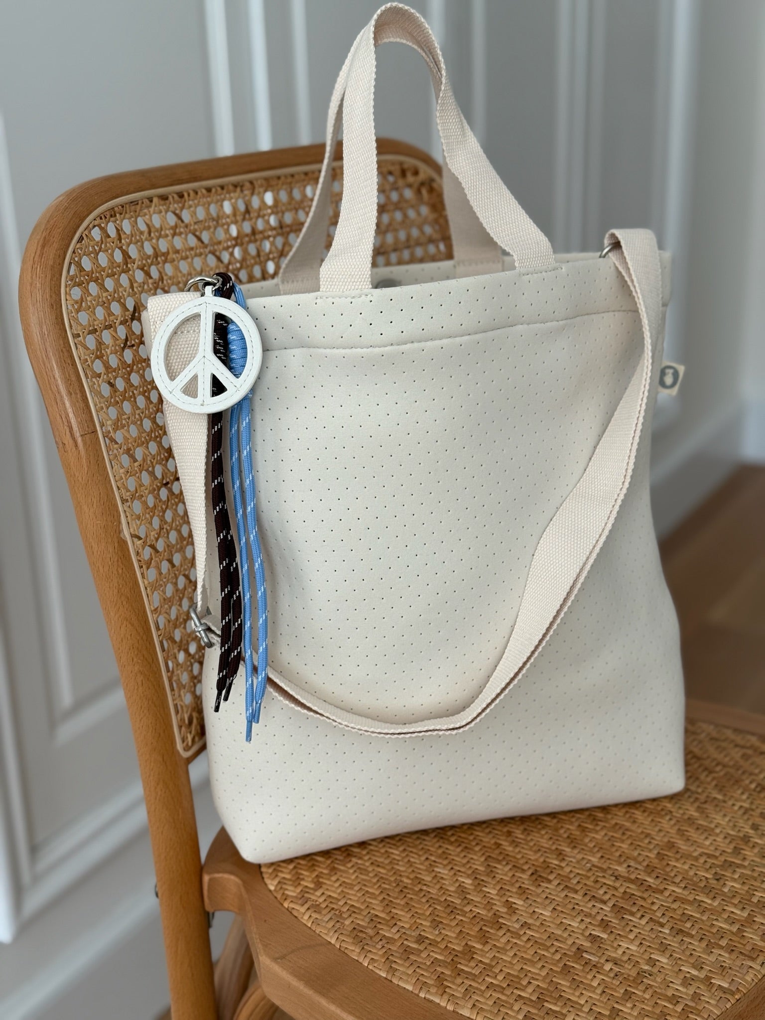 Ivory Neoprene Town Bag with Peace Sign Paracord Charm - Quilted Koala