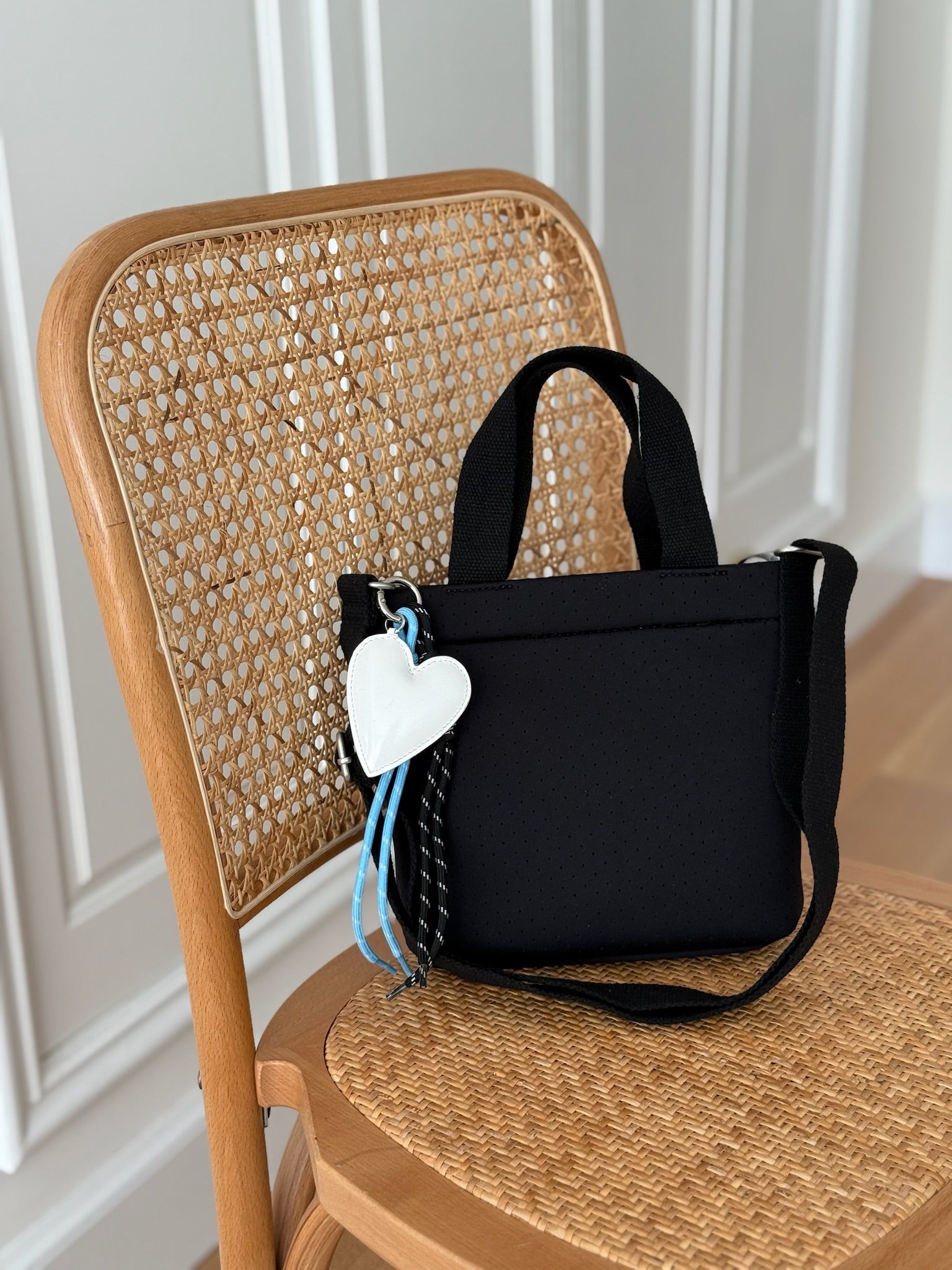 Black Neoprene Midi Town Bag with Heart Paracord Charm - Quilted Koala