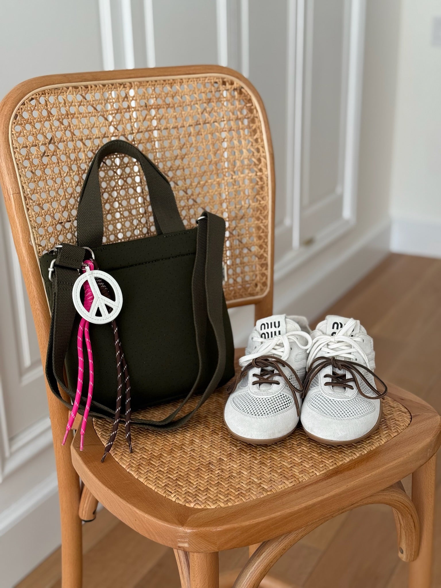 Olive Neoprene Midi Town Bag with Peace Sign Paracord Charm - Quilted Koala