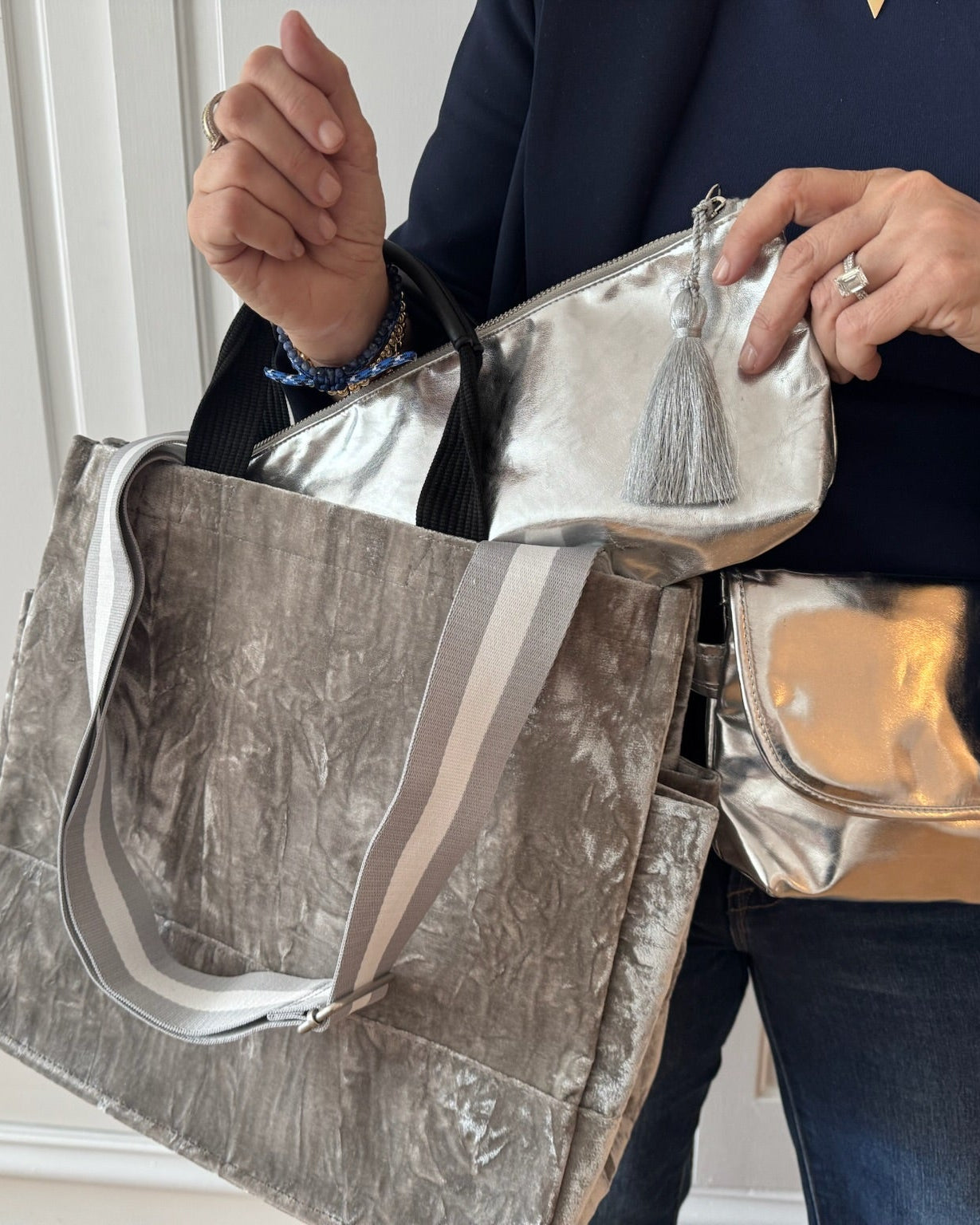 Grey Crushed Velvet Luxe North South Bag Gift Set - CYBER OFFER - Quilted Koala