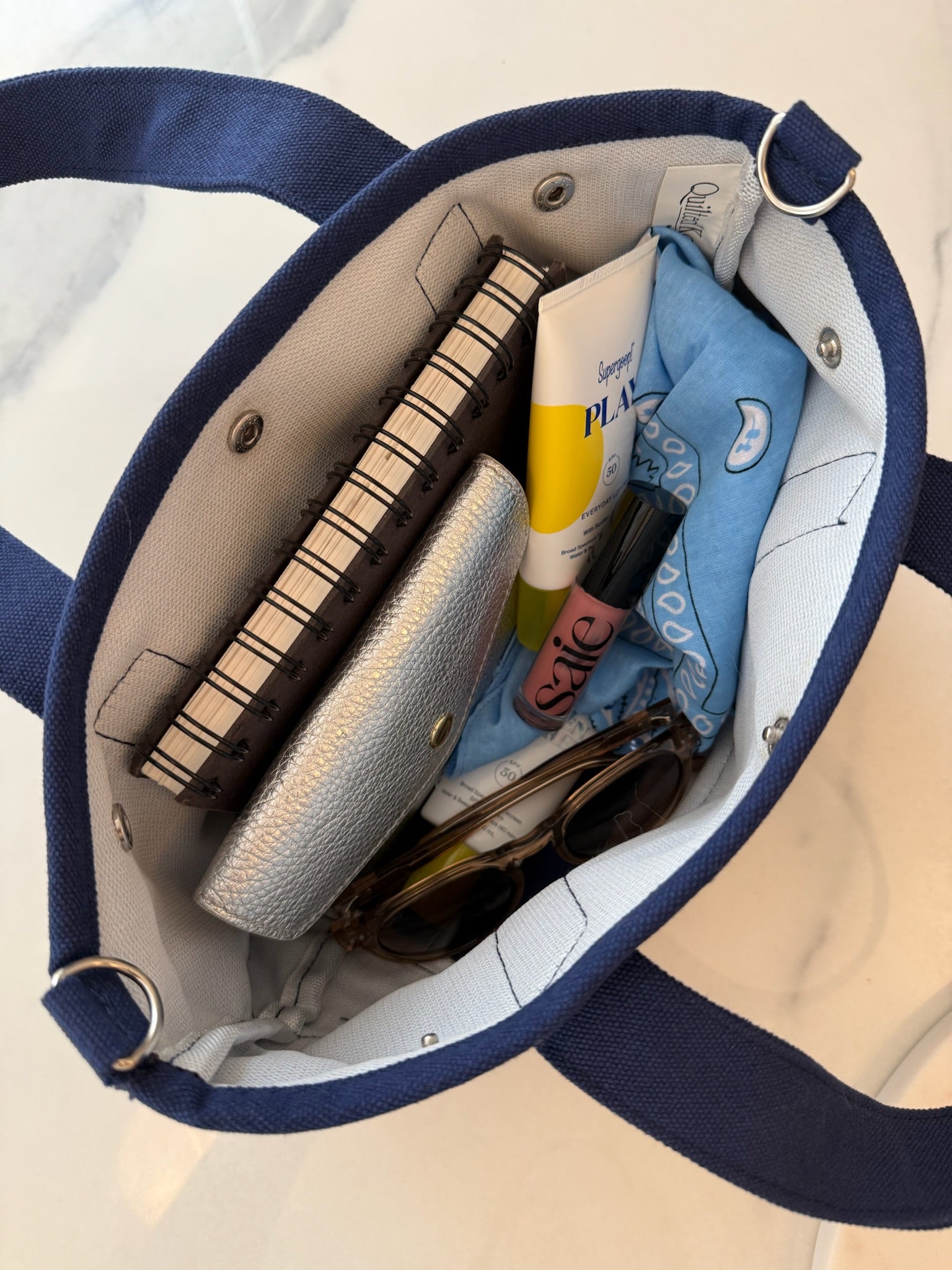 The Seaport Boat Bag - Blue Canvas Single Letter Monogram - Quilted Koala