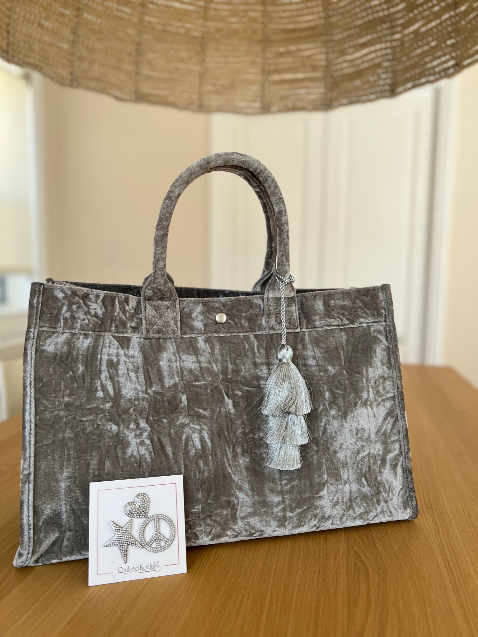 Grey Velvet East West Bag + FREE Silver Tassel + FREE Silver Jewelry Pins - Quilted Koala