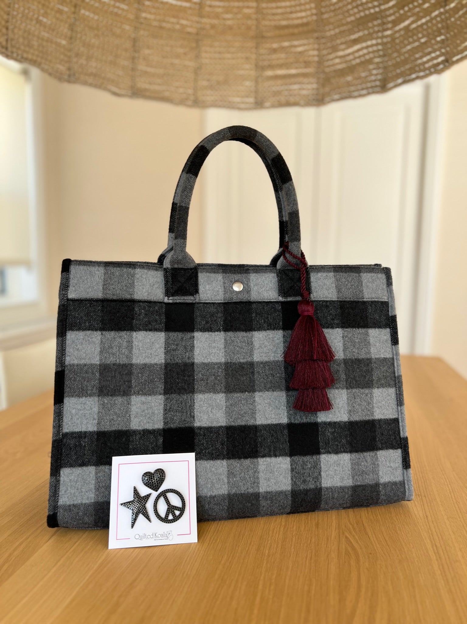 Grey Flannel East West Bag + FREE Bordeaux Tassel + FREE Black Jewelry Pins - Quilted Koala