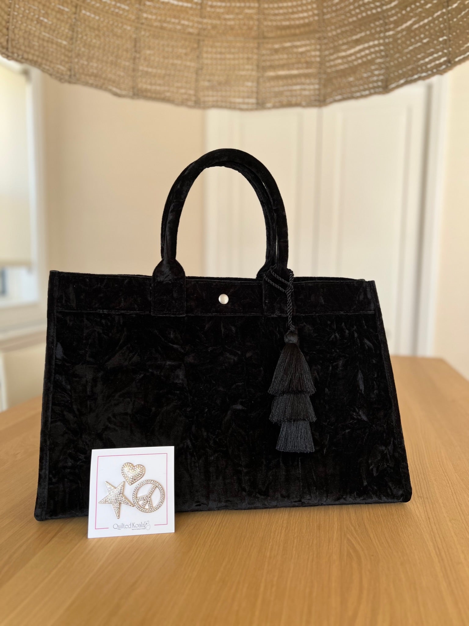 Black Velvet East West Bag + FREE Black Tassel + FREE Gold Jewelry Pins - Quilted Koala