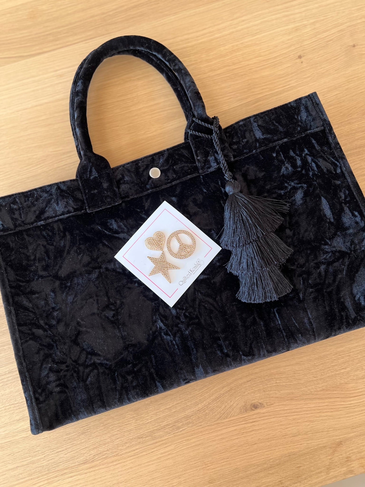 Black Velvet East West Bag + FREE Black Tassel + FREE Gold Jewelry Pins - Quilted Koala