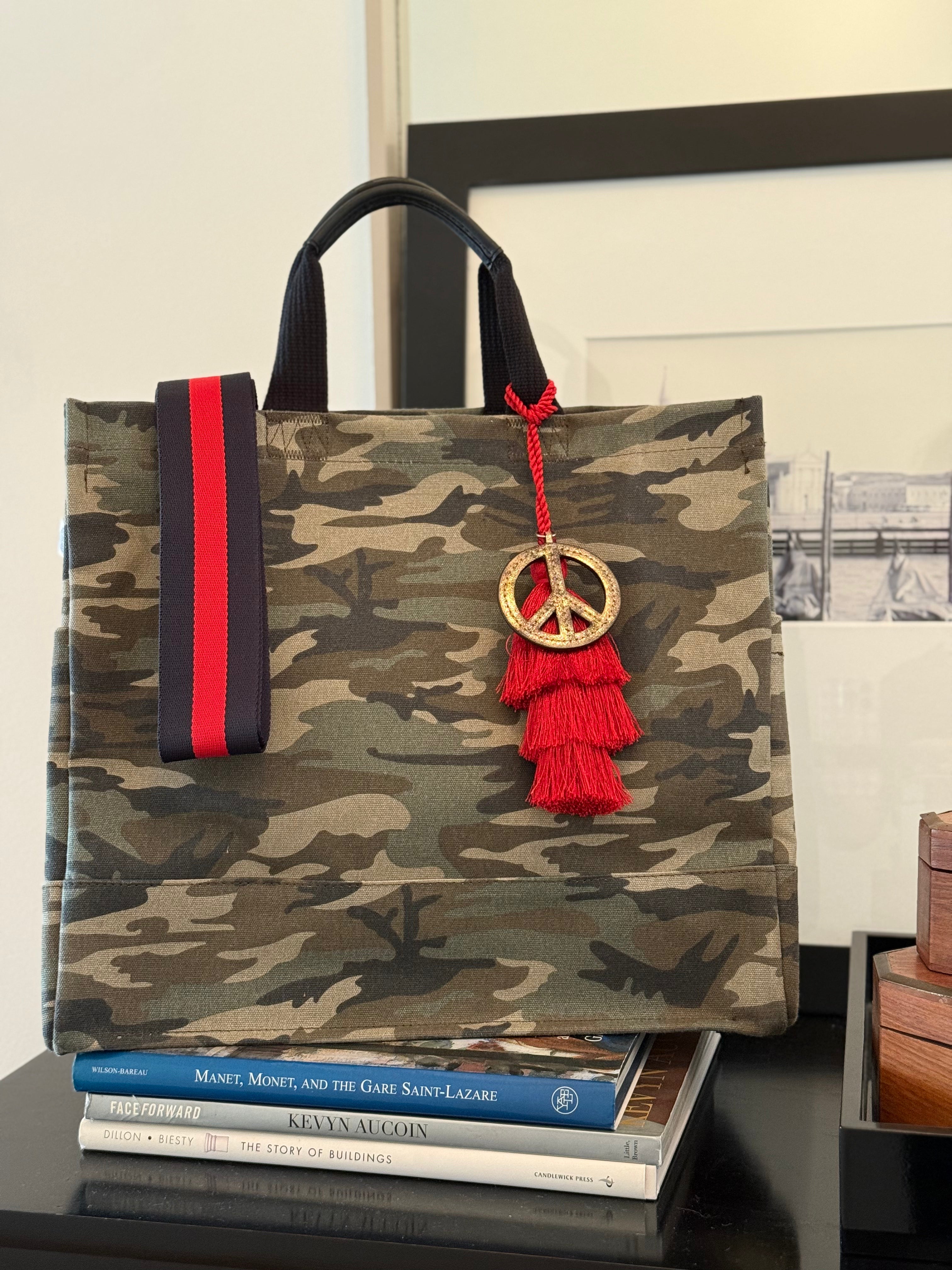 Green Camo Luxe North South Bag + FREE Red Tassel + FREE Gold Peace Charm + FREE Navy/Red Stripe Strap - Quilted Koala