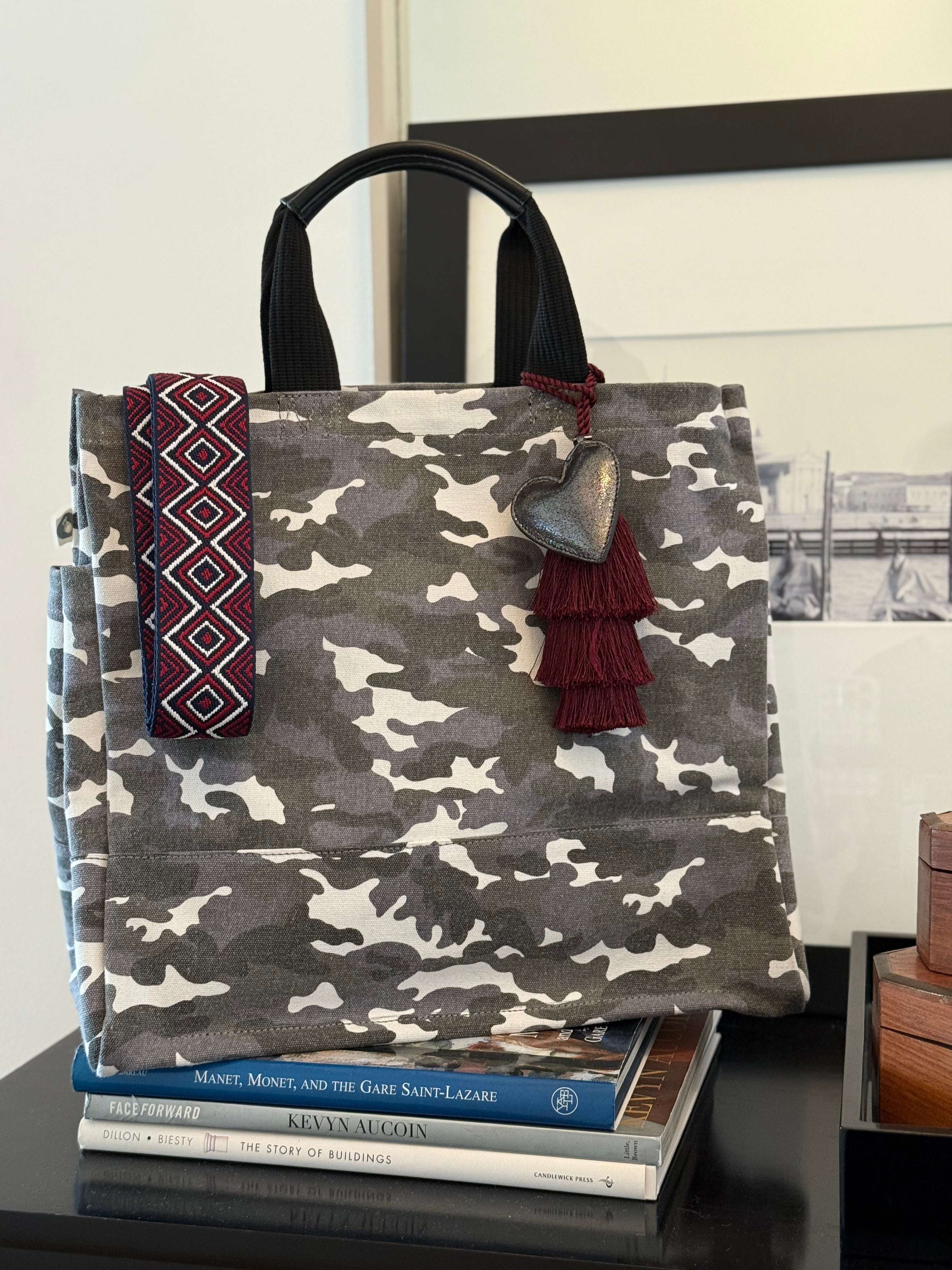 Grey Camo Luxe North South Bag + FREE Bordeaux Tassel + FREE Silver Charm +FREE Navy/Wine Geo Strap - Quilted Koala