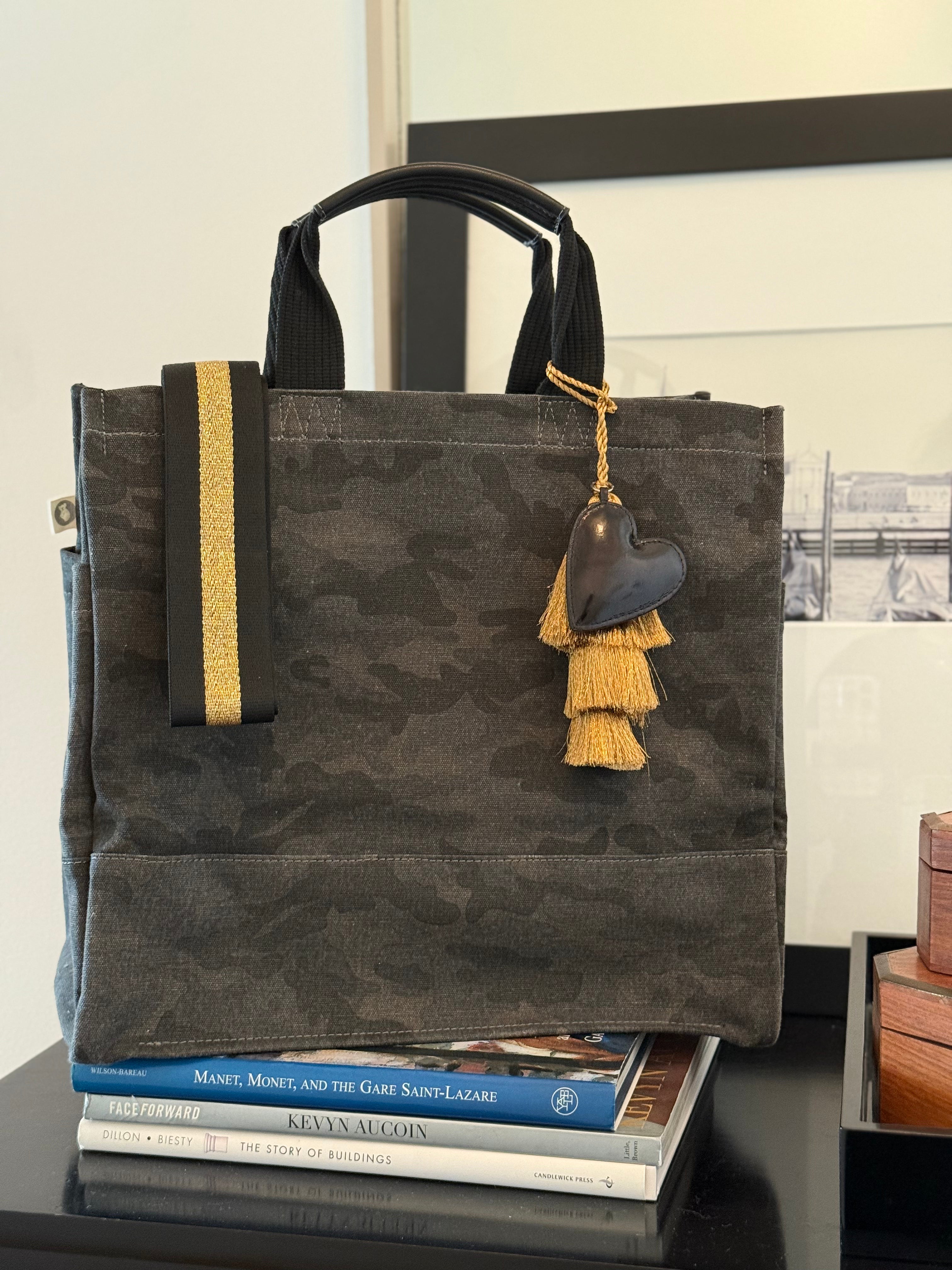 Black Camo Luxe North South Bag + FREE Gold Tassel + FREE Black Heart Charm + FREE Black/Gold Stripe Strap - Quilted Koala