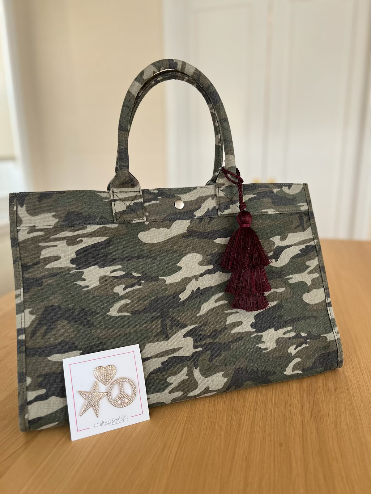 Green Camo East West Bag + FREE Bordeaux Tassel + FREE Gold Jewelry Pins - Quilted Koala