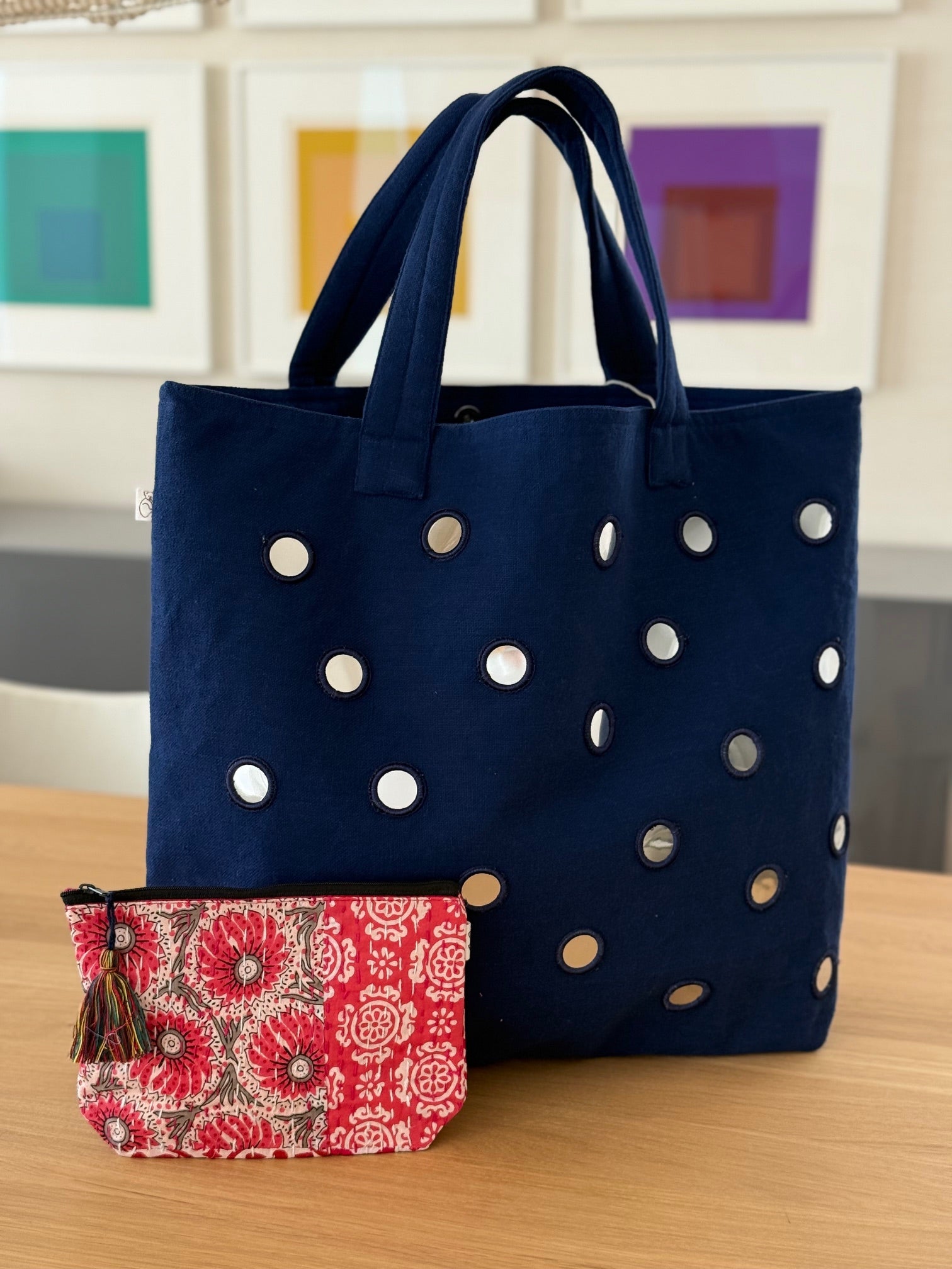 Boho Bundle: Navy Mirror Tote + FREE Makeup Bag - Quilted Koala