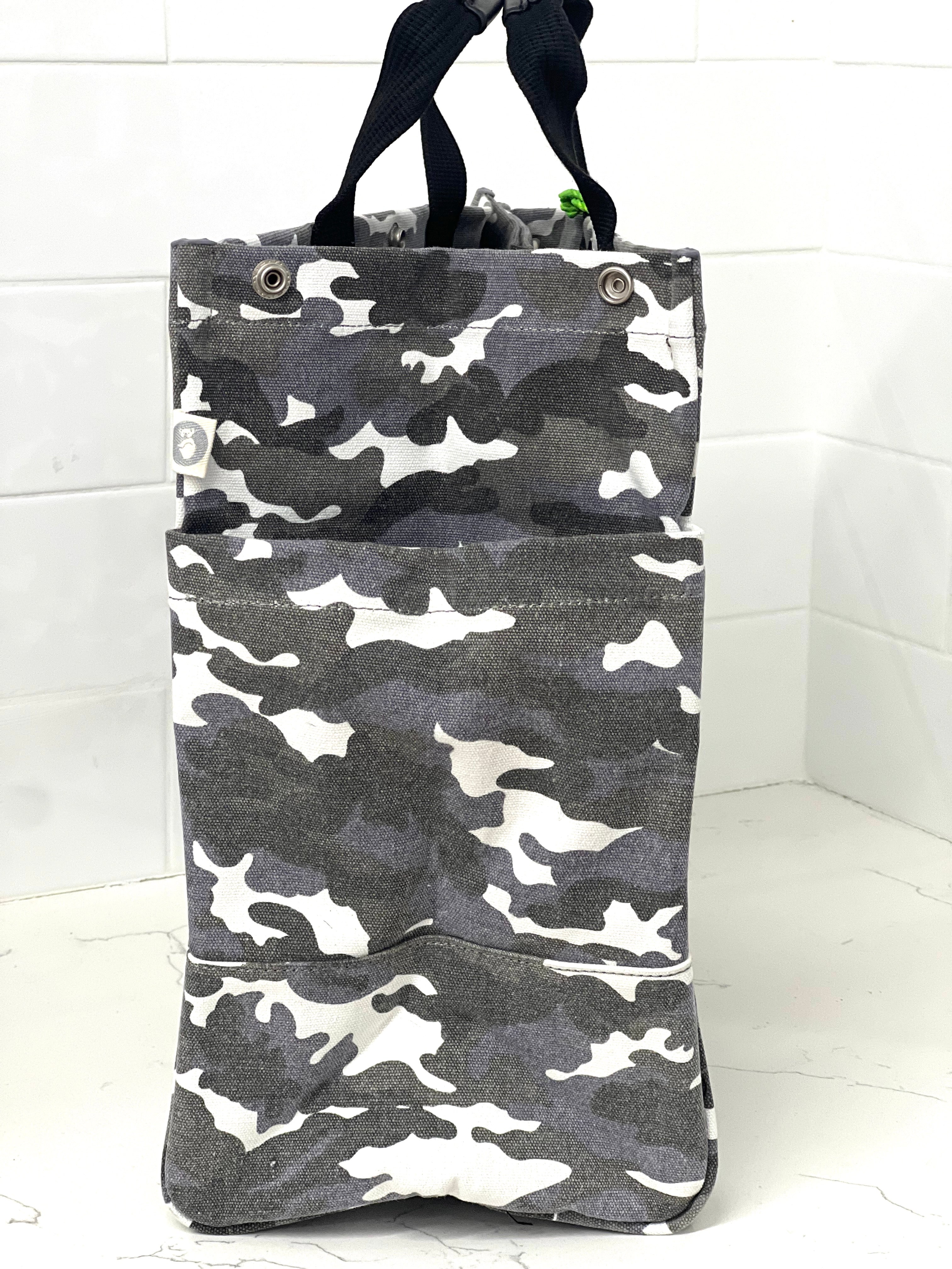 Grey Camo Luxe North South Bag + Neon Green Tassel + White Peace Sign Charm - Quilted Koala