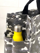 Grey Camo Luxe North South Bag + Neon Green Tassel + White Peace Sign Charm - Quilted Koala