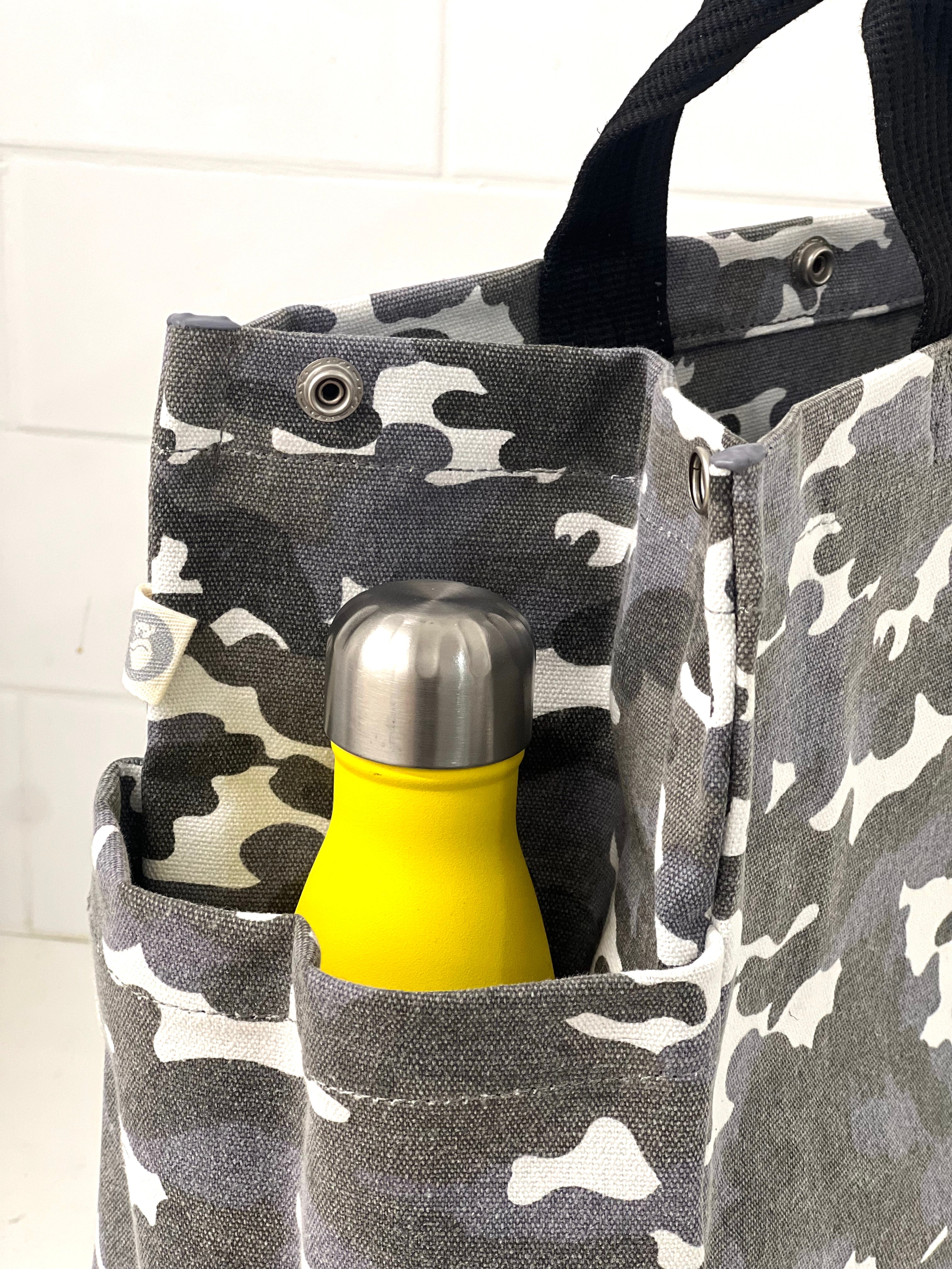 Grey Camo Luxe North South Bag + Neon Green Tassel + White Peace Sign Charm - Quilted Koala