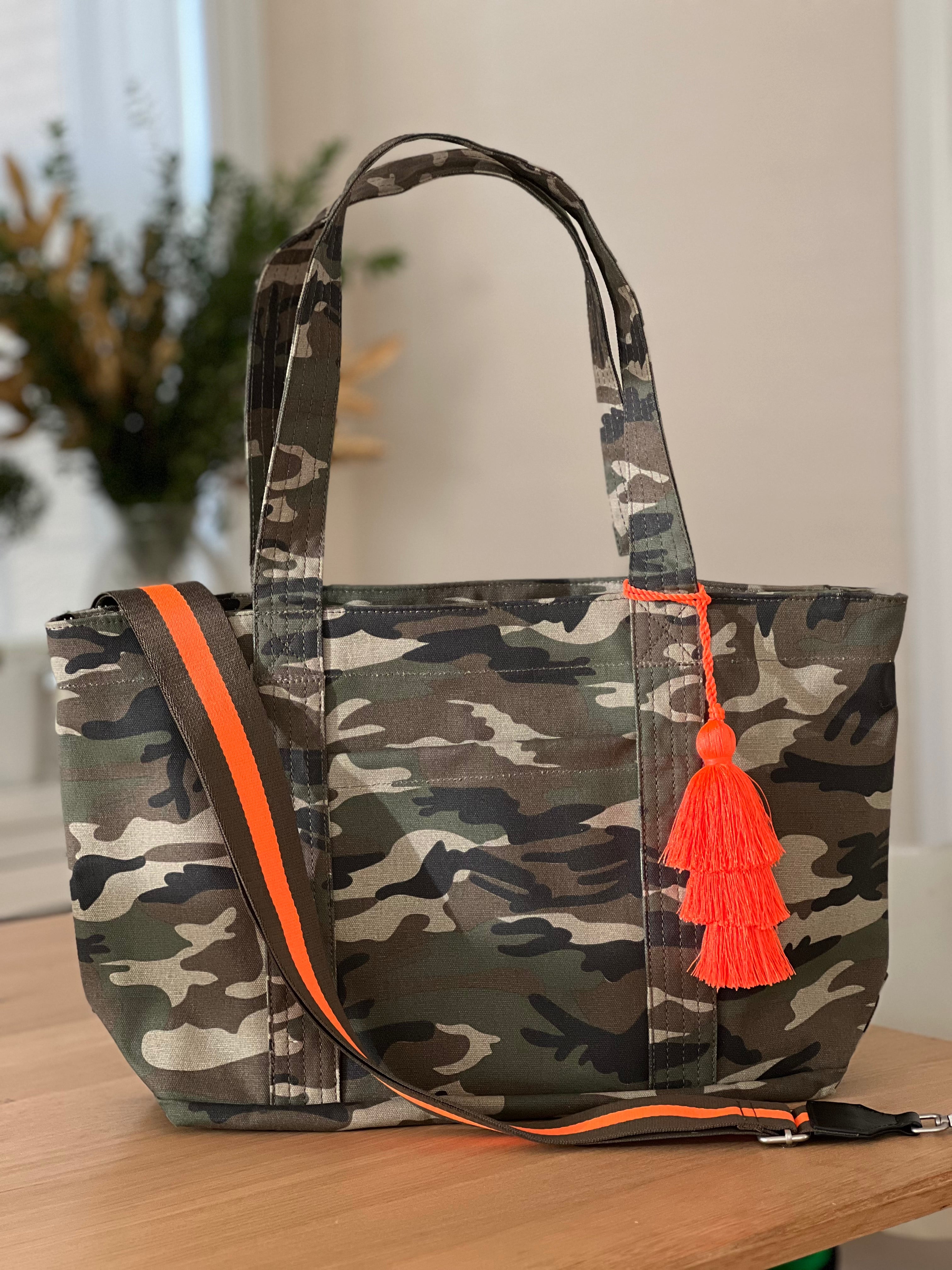 Green Camo Midi Zipper Tote + FREE Orange Tassel – Quilted Koala