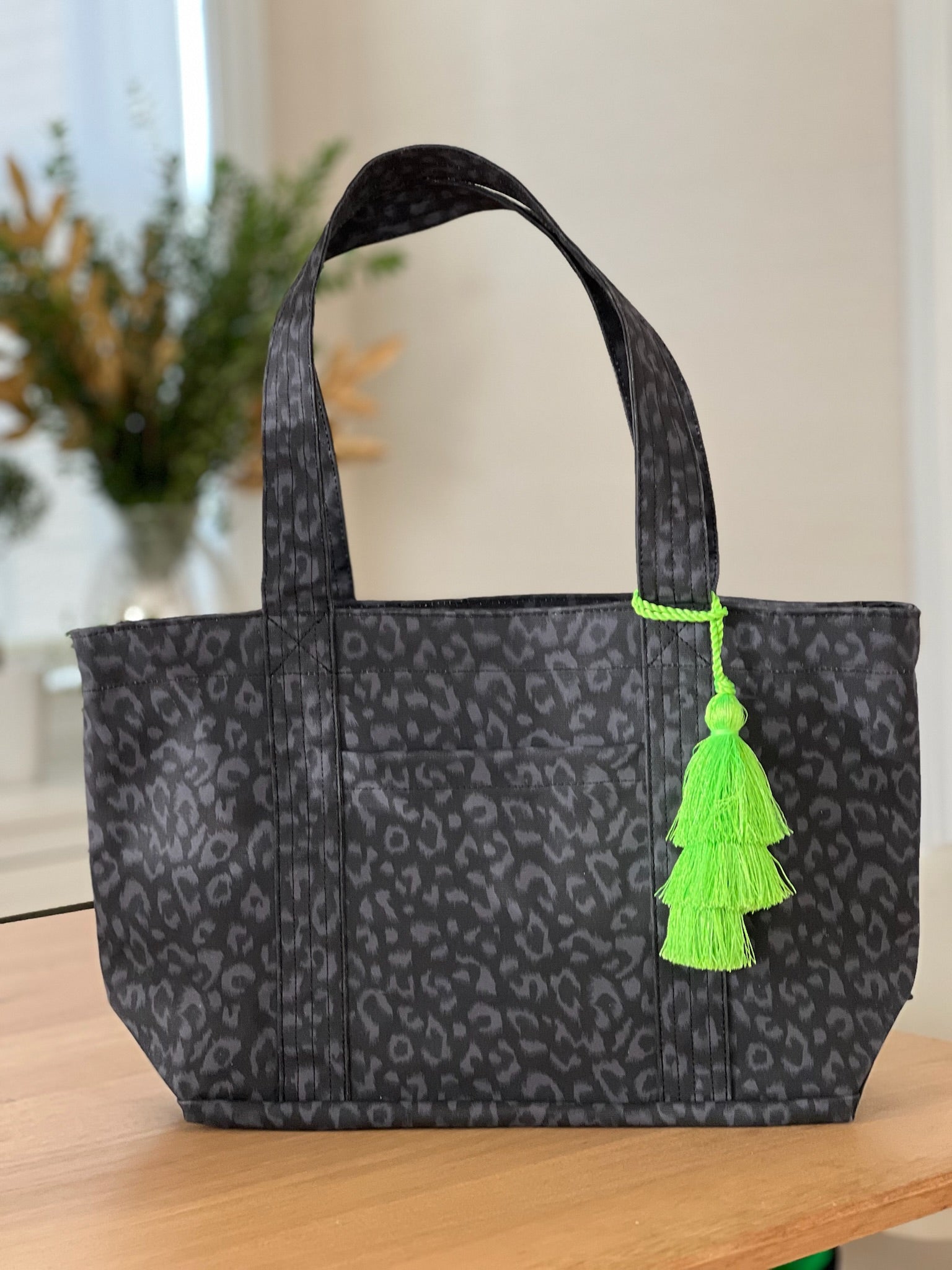 Holiday Bundle: Black Leopard Midi Zipper Tote + FREE Neon Green Tassel - Quilted Koala