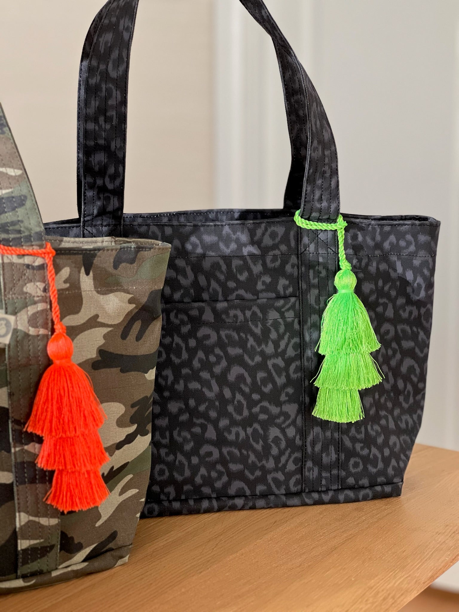 Holiday Bundle: Black Leopard Midi Zipper Tote + FREE Neon Green Tassel - Quilted Koala