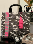 Holiday Bundle: Grey Camo Luxe North South Bag + FREE Pink Tassel + FREE Pink/Grey PEACE LOVE Strap - Quilted Koala