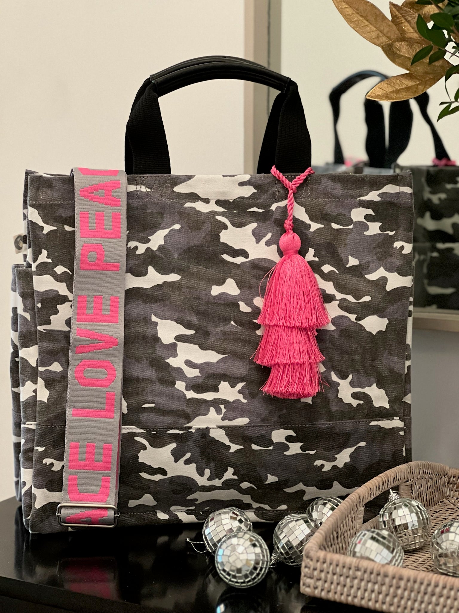 Holiday Bundle: Grey Camo Luxe North South Bag + FREE Pink Tassel + FREE Pink/Grey PEACE LOVE Strap - Quilted Koala