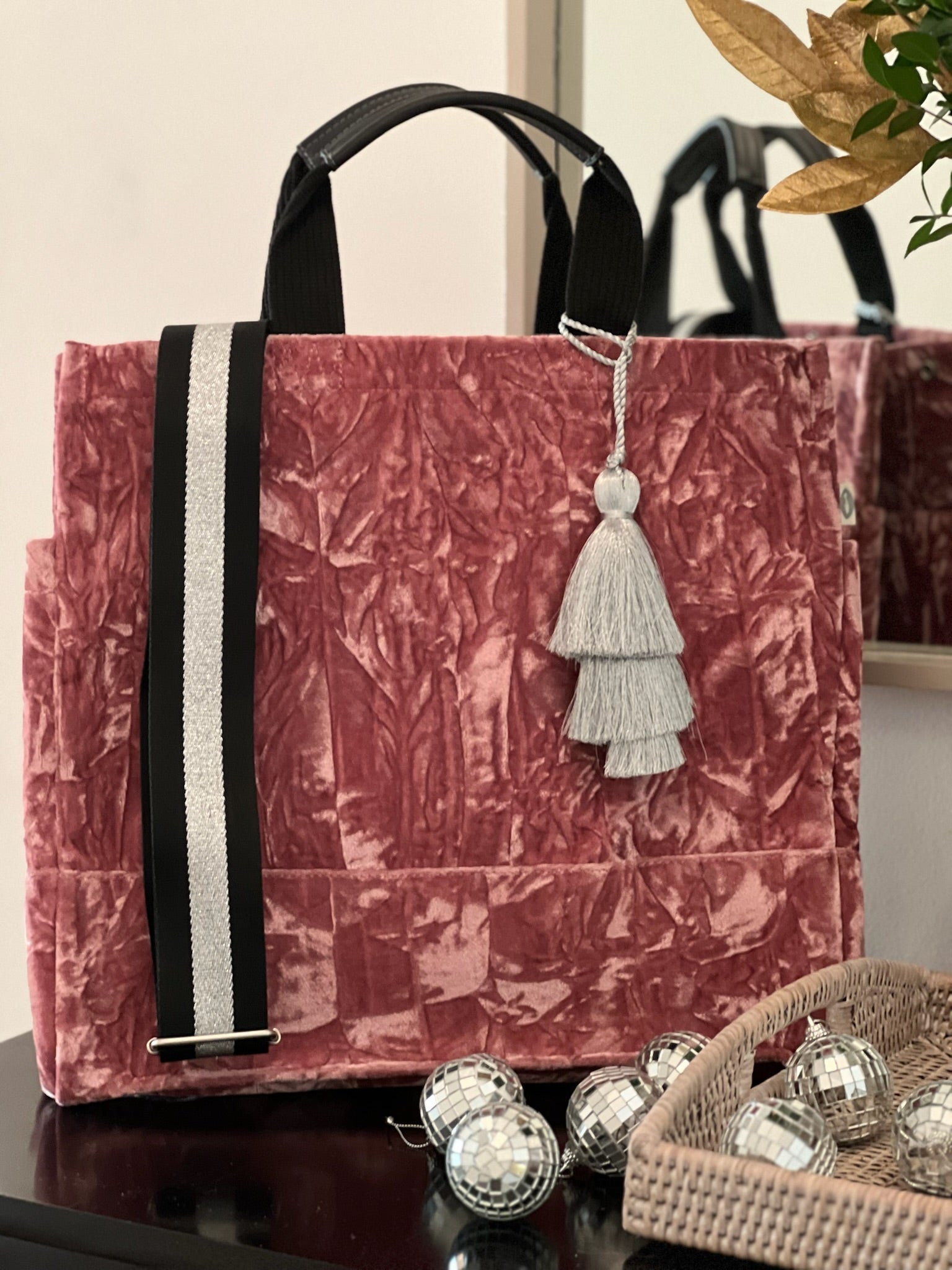 Holiday Bundle: Pink Velvet Luxe North South Bag + FREE Silver Tassel + FREE Black/Silver Stripe Strap - Quilted Koala