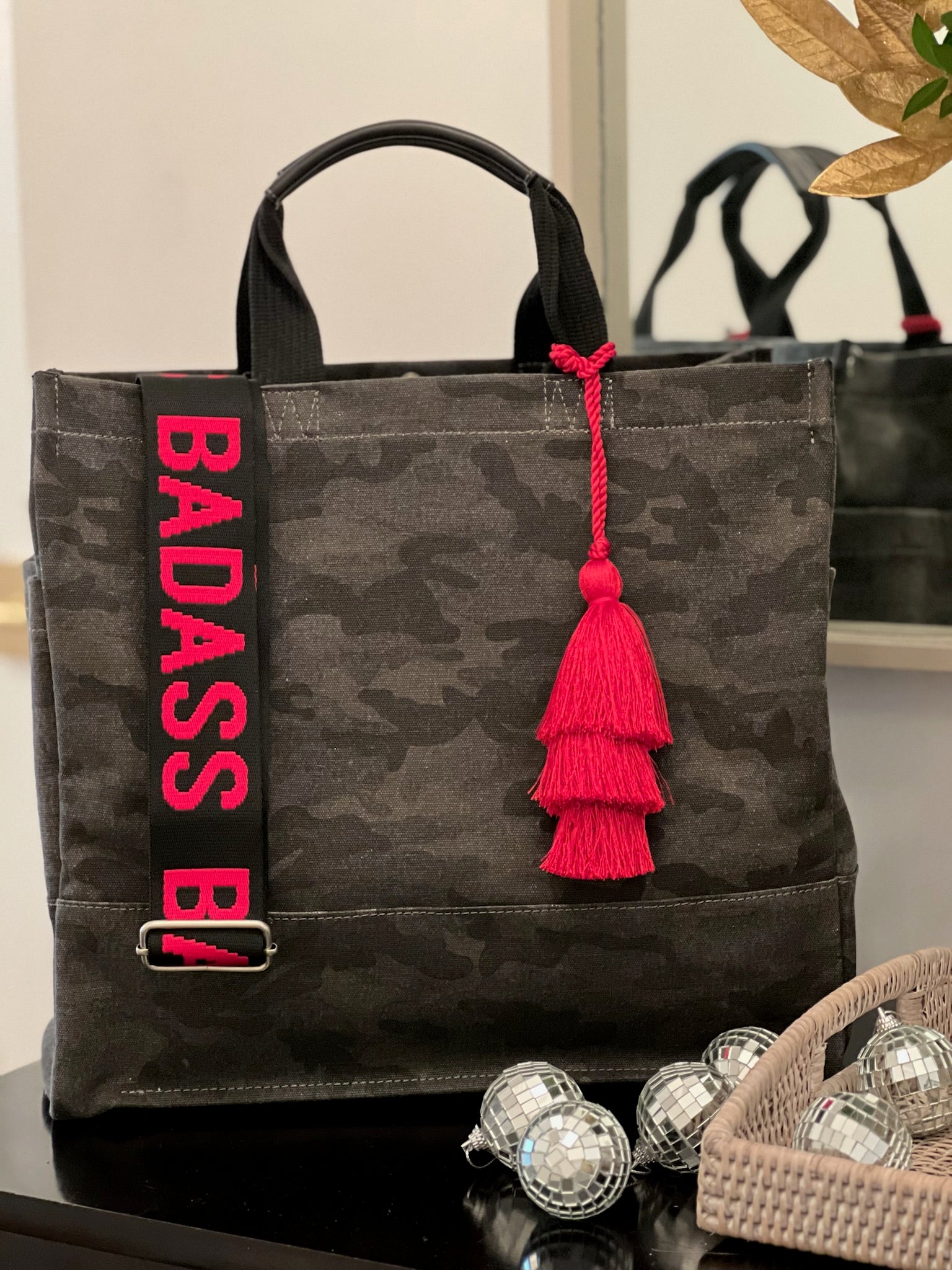 Holiday Bundle: Black Camo Luxe North South Bag + FREE Red Tassel + FREE Black/Red BADASS Strap - Quilted Koala