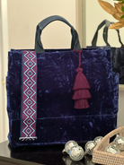 Holiday Bundle: Navy Blue Velvet Luxe North South Bag + FREE Bordeaux Tassel + FREE Navy/Wine Geometric Strap - Quilted Koala