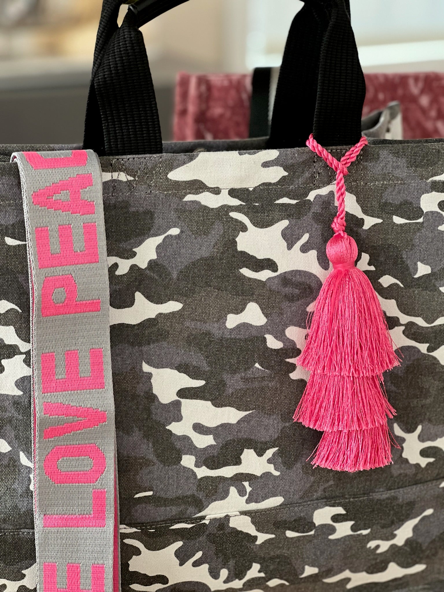 Holiday Bundle: Grey Camo Luxe North South Bag + FREE Pink Tassel + FREE Pink/Grey PEACE LOVE Strap - Quilted Koala