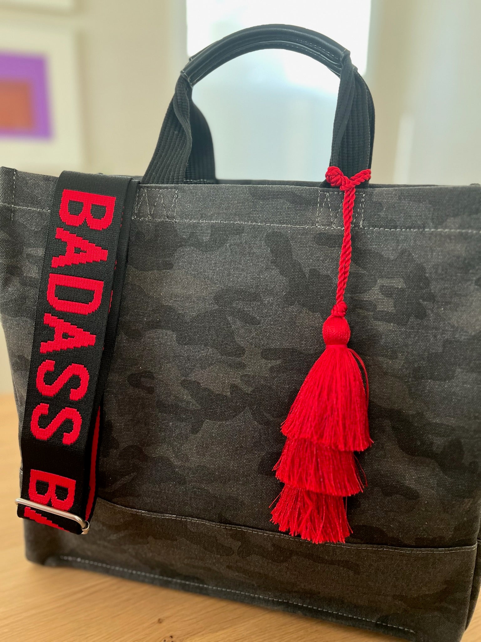 Holiday Bundle: Black Camo Luxe North South Bag + FREE Red Tassel + FREE Black/Red BADASS Strap - Quilted Koala