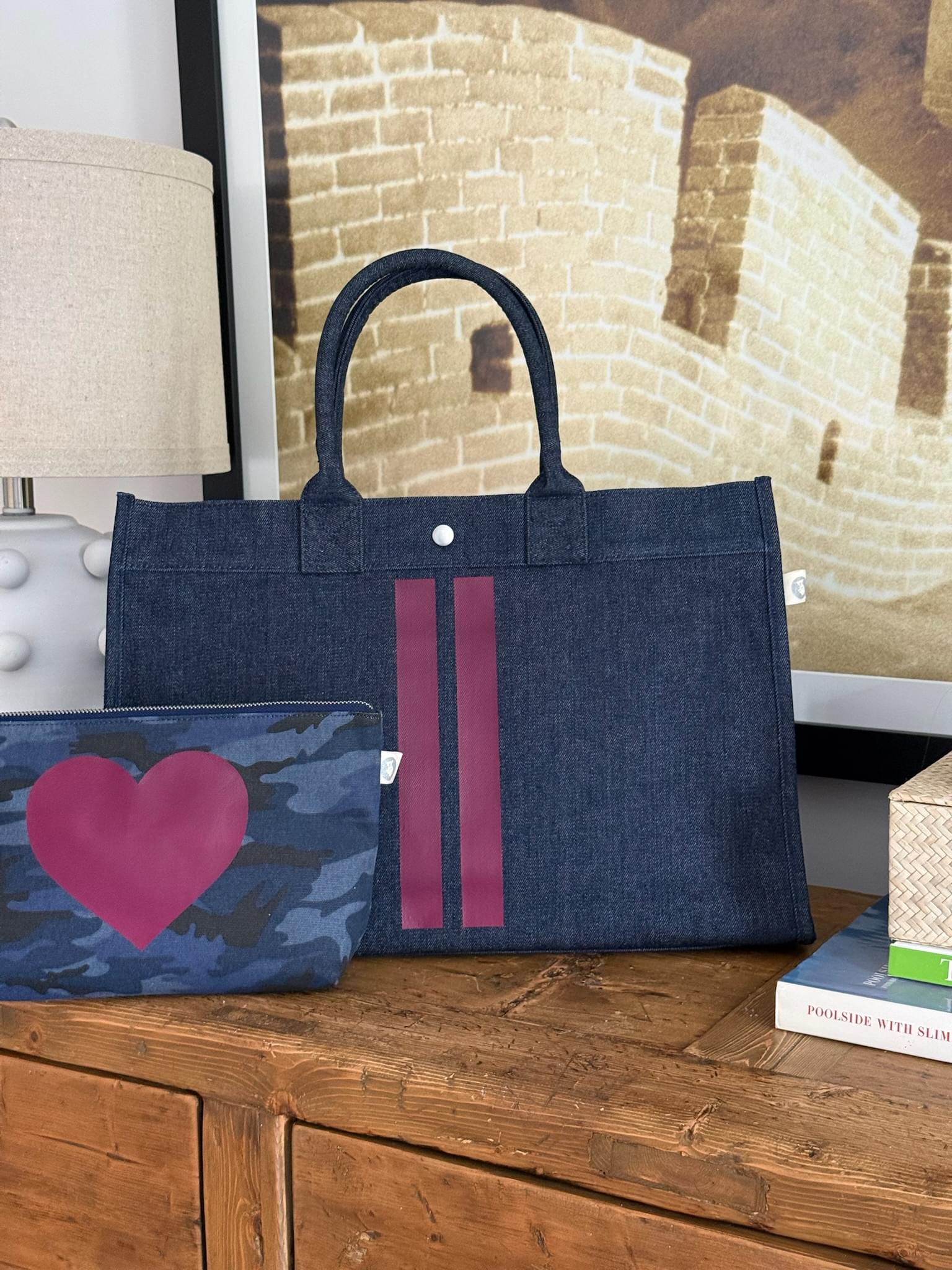 East West Bag: Denim with Wine Double Stripe - Quilted Koala