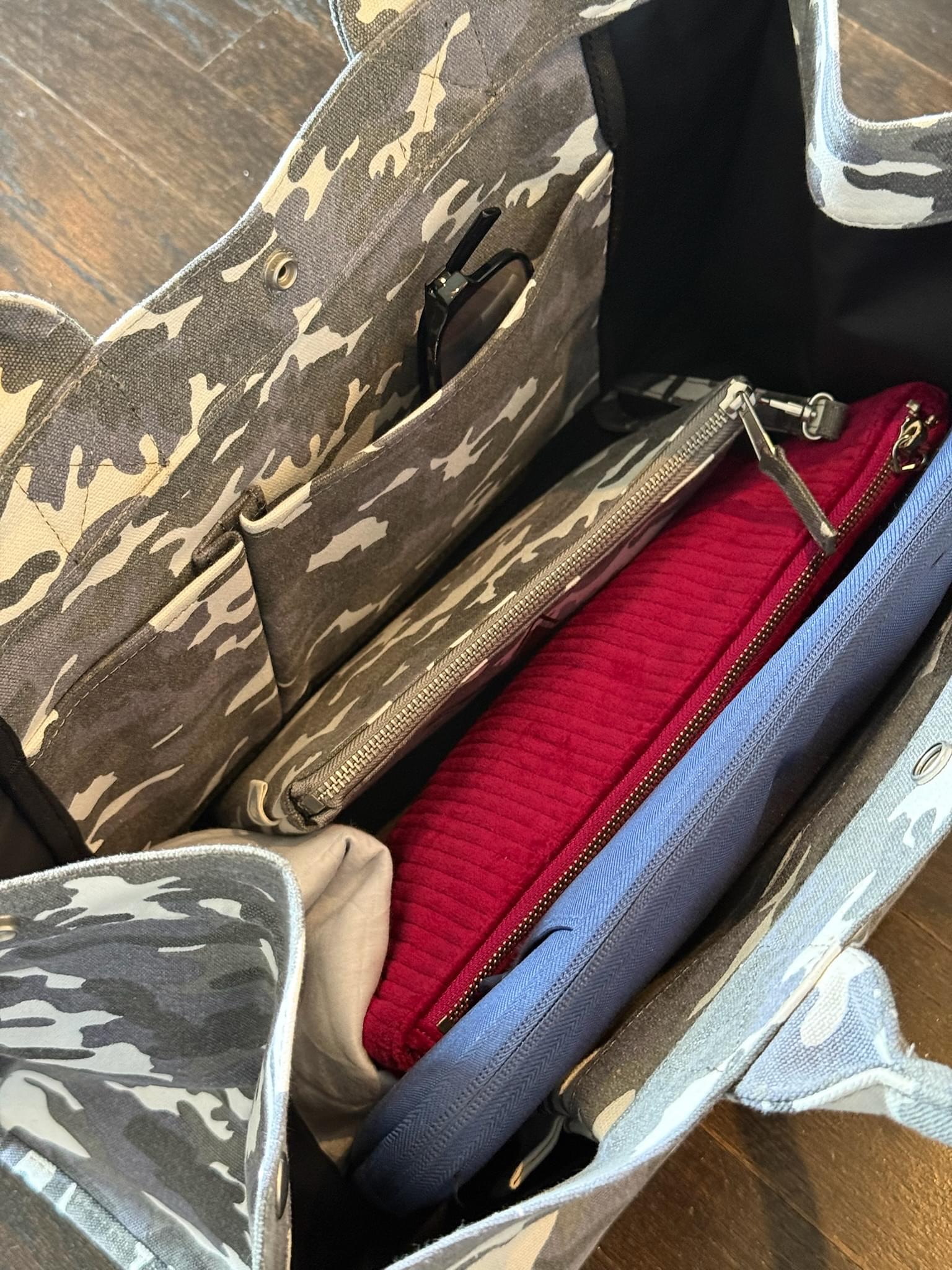 East West Bag: Grey Camo with Chocolate Brown Monogram Stripe - Quilted Koala
