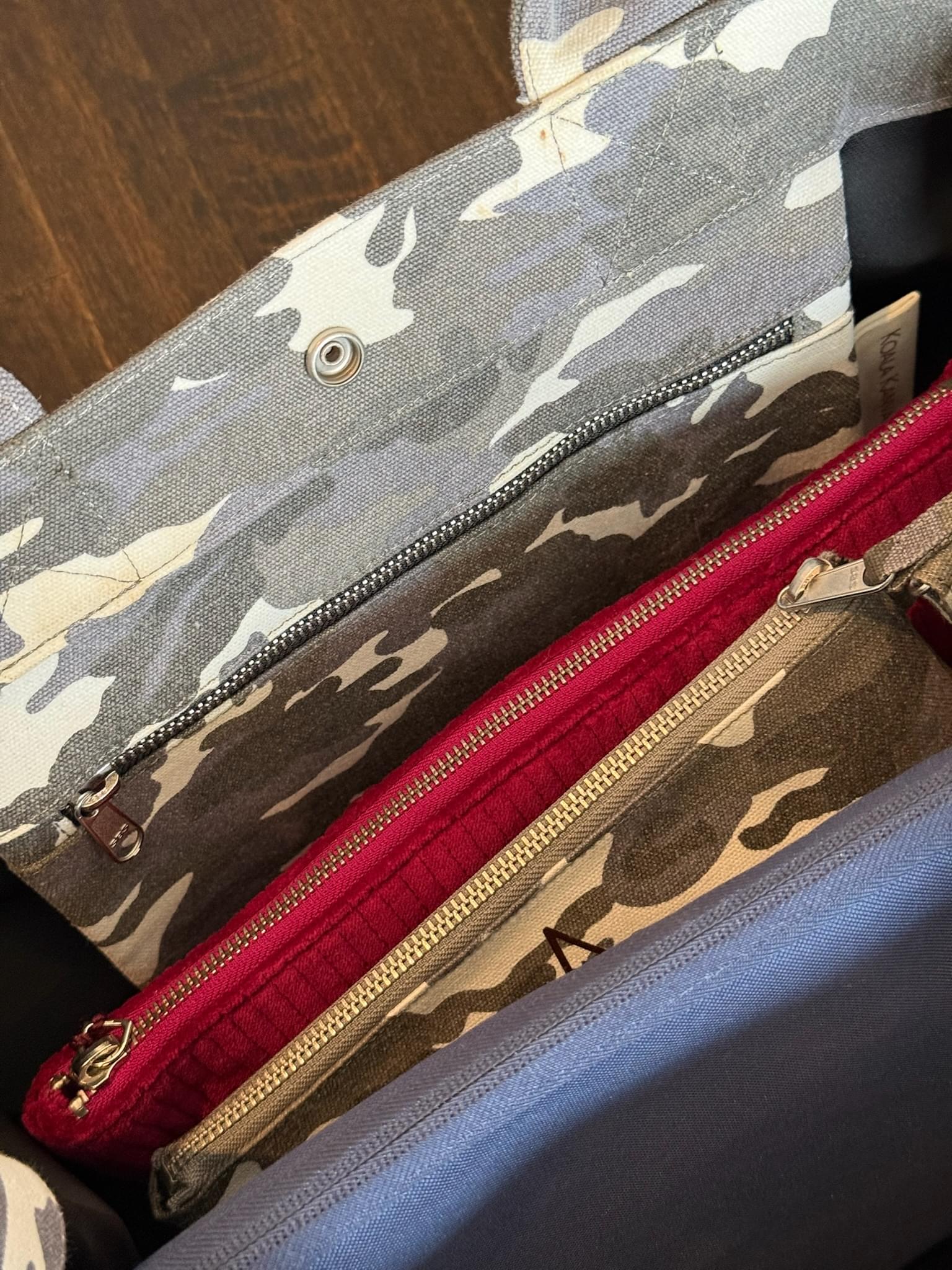 East West Bag: Grey Camo with Chocolate Brown Monogram Stripe - Quilted Koala