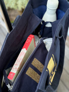 NEW! Anywhere Bag with Trolley Sleeve in Navy SPLIT LETTER MONOGRAM - Quilted Koala