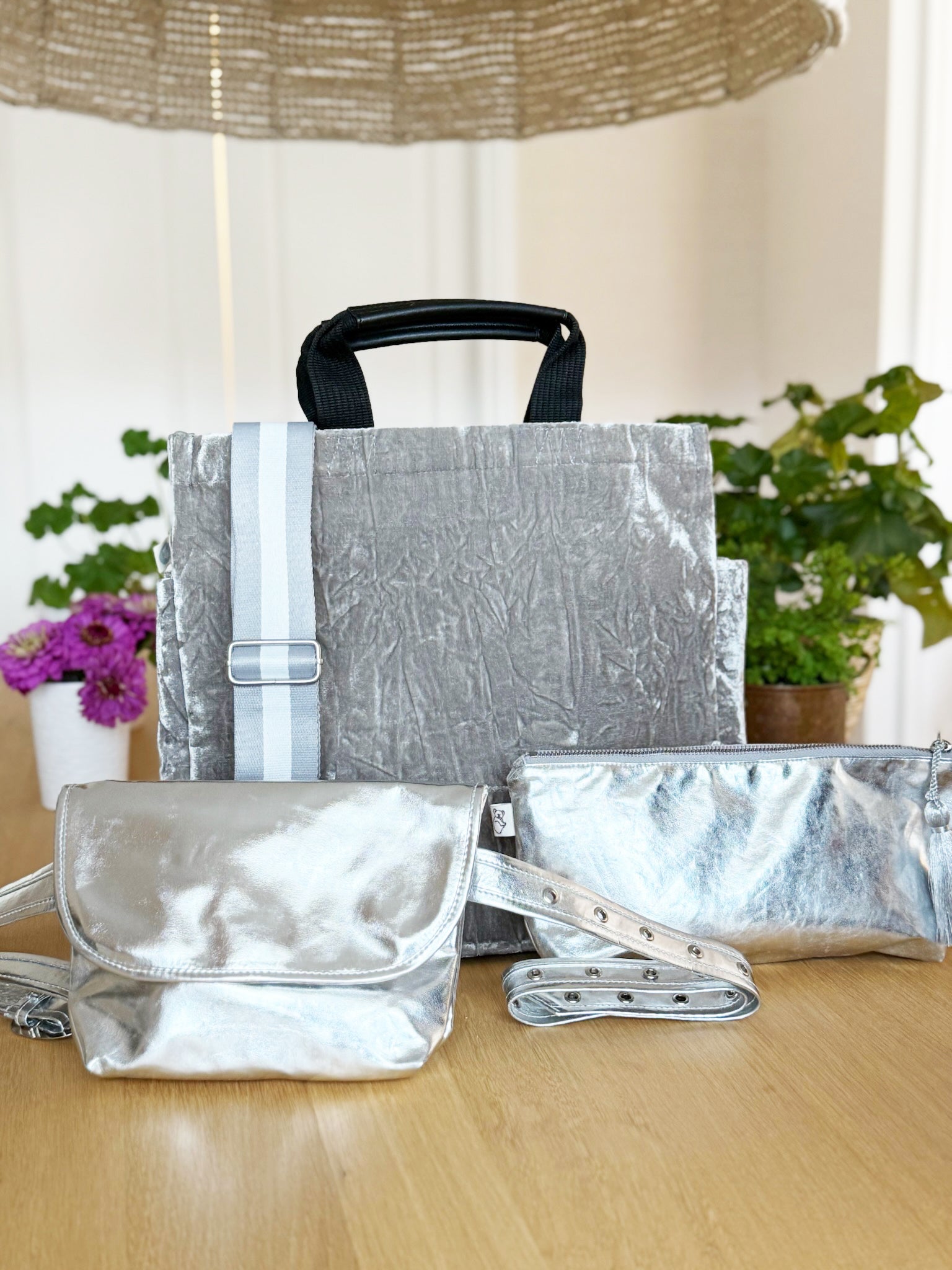 Grey Crushed Velvet Luxe North South Bag Gift Set - CYBER OFFER - Quilted Koala