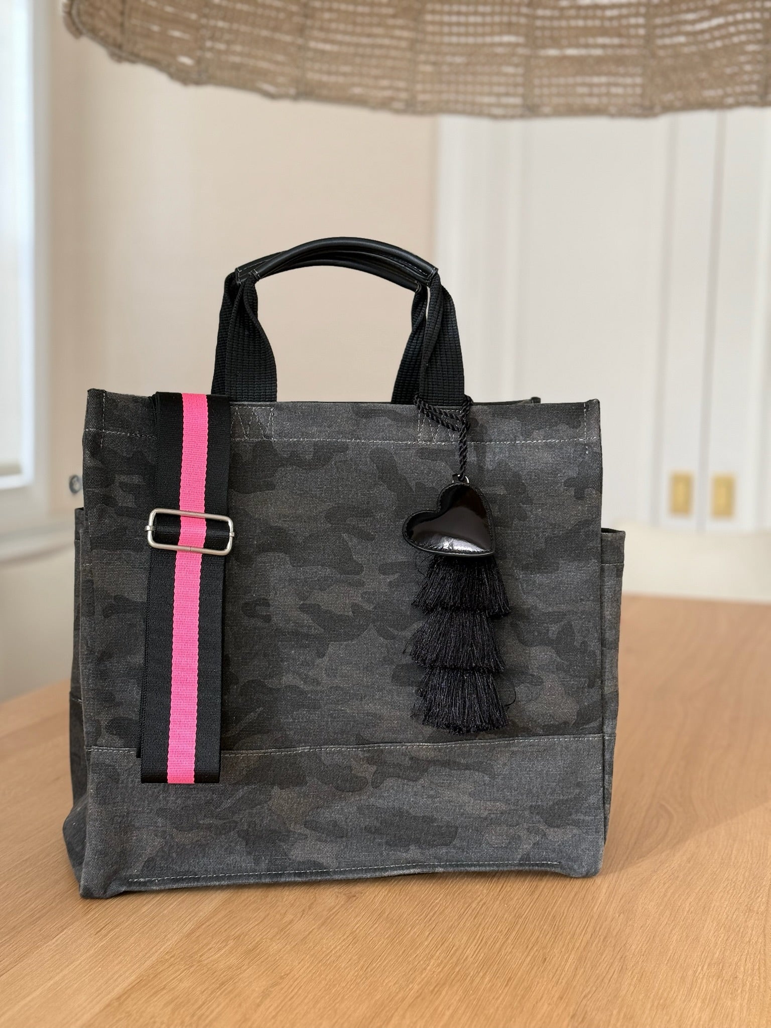 Stephanie's Pick: Black Camo Luxe North South Bag + FREE Black Tassel + FREE Black Heart Charm + FREE Black/Pink Stripe Strap - Quilted Koala