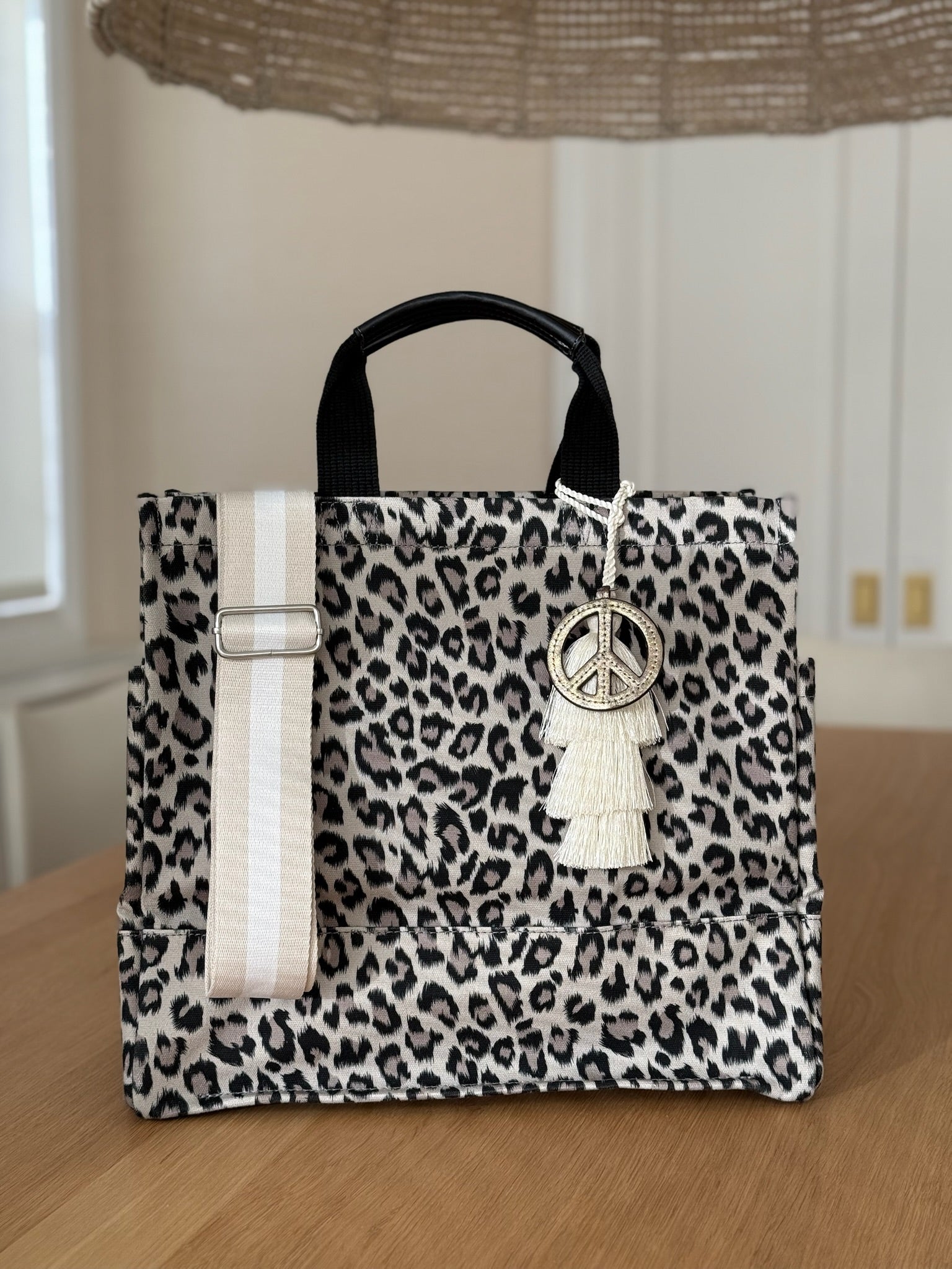 Stephanie's Pick: Leopard Luxe North South Bag + FREE Natural Tassel + FREE Gold Peace Charm + FREE Tan/Cream Stripe Strap - Quilted Koala