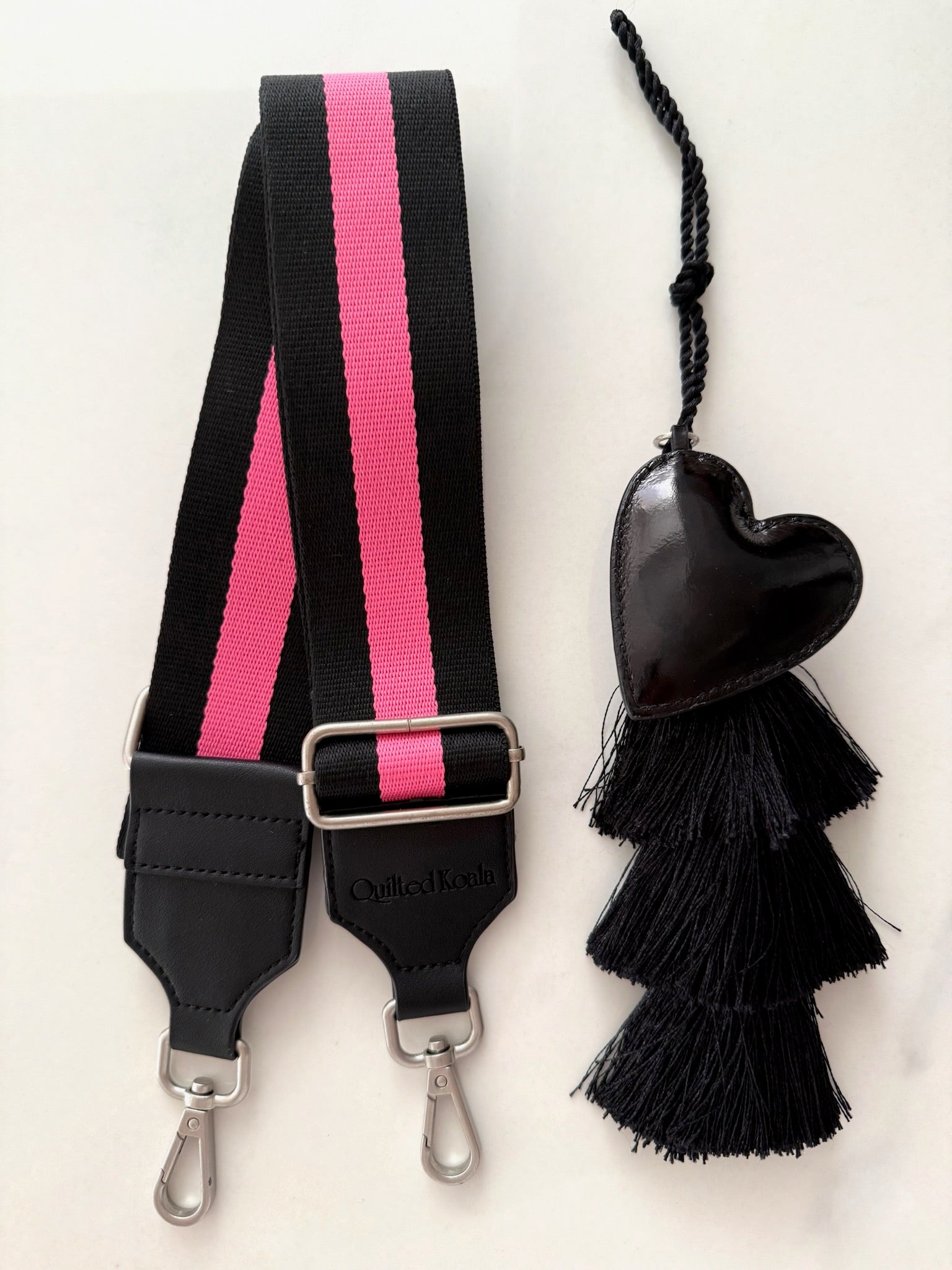 Accessory Bundle: Black Tassel + Black Heart Charm + Black/Pink Stripe Strap - Quilted Koala