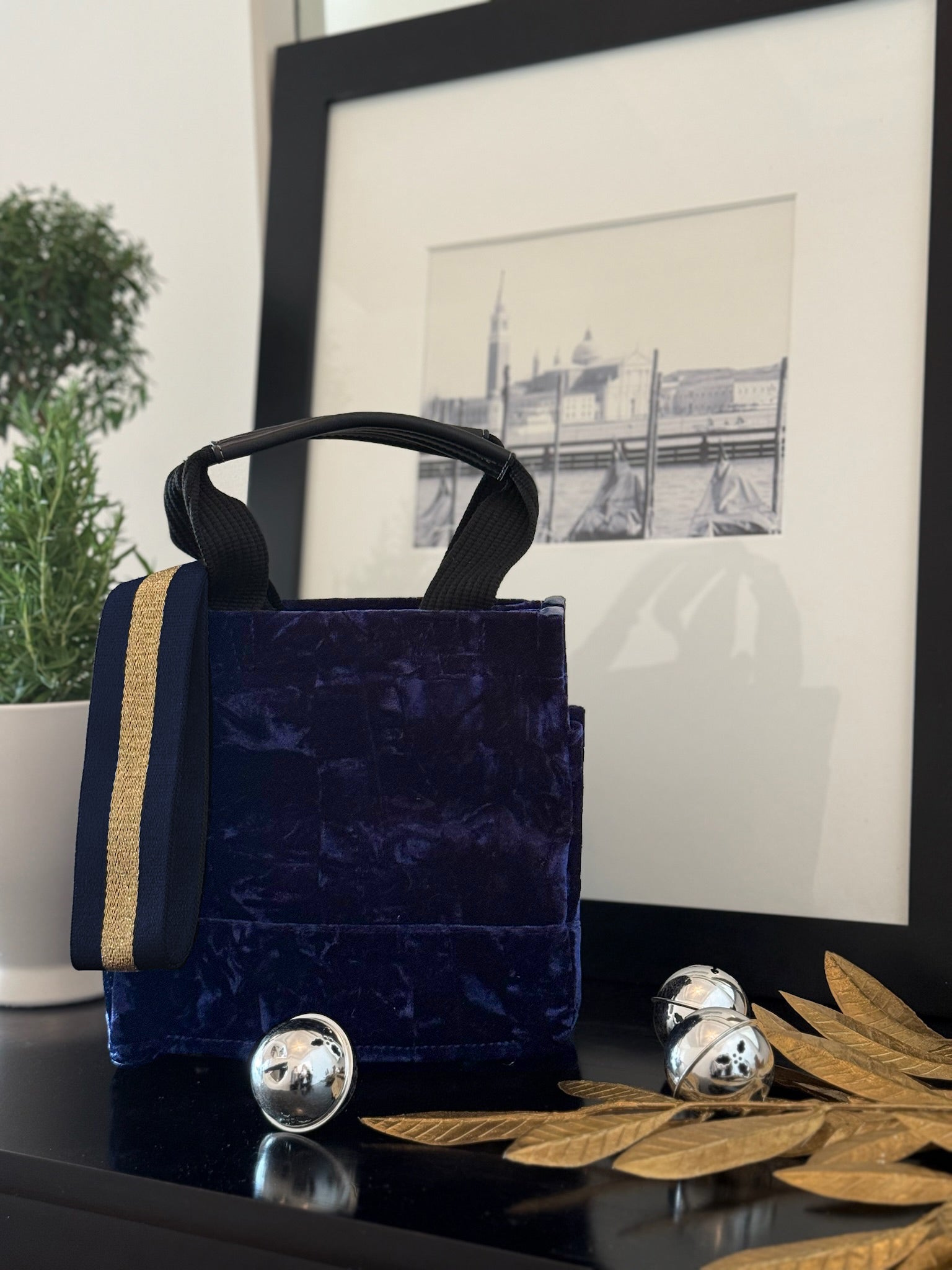 Blue Velvet Mini Luxe North South + FREE Navy/Gold Stripe Strap - Quilted Koala