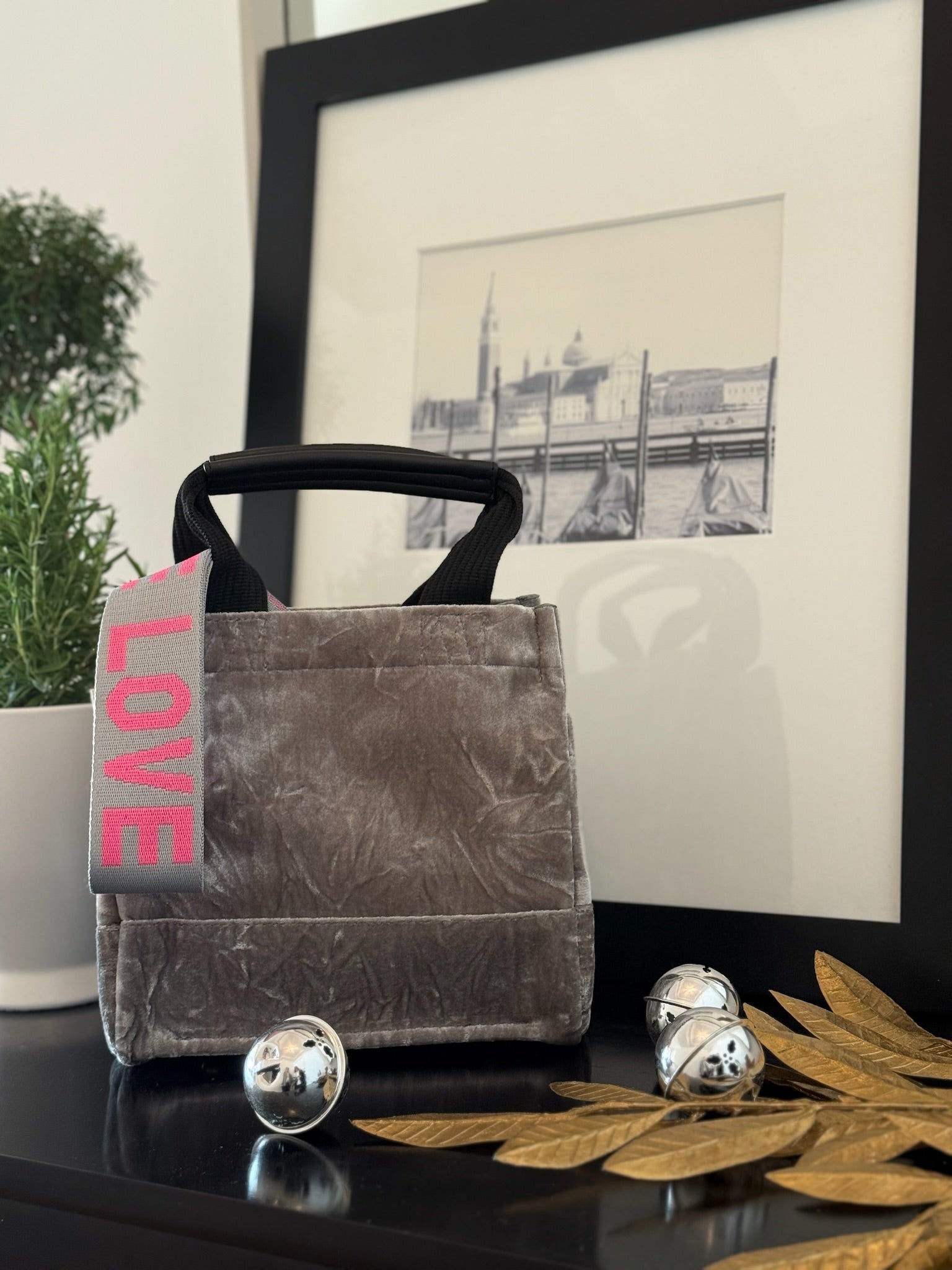 Grey Velvet Mini Luxe North South + FREE Pink/Grey PEACE LOVE Strap - Quilted Koala