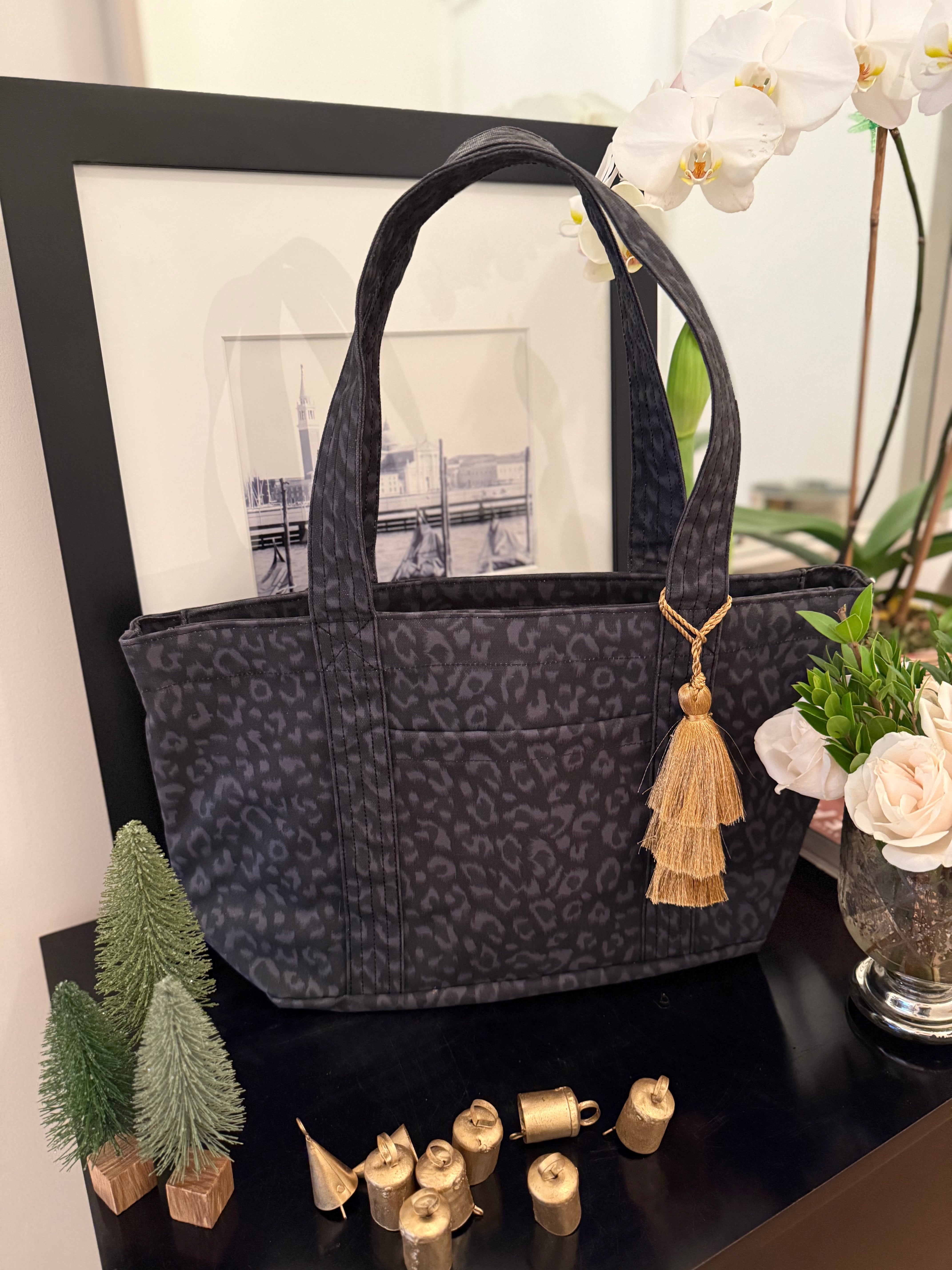 Black Leopard Midi Zipper Tote + FREE Gold Tassel - Quilted Koala