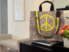 Stephanie's Pick: Grey Leopard Luxe North South Bag with a Neon Yellow Jumbo Peace Sign + FREE Grey/Yellow Stripe Strap - Quilted Koala